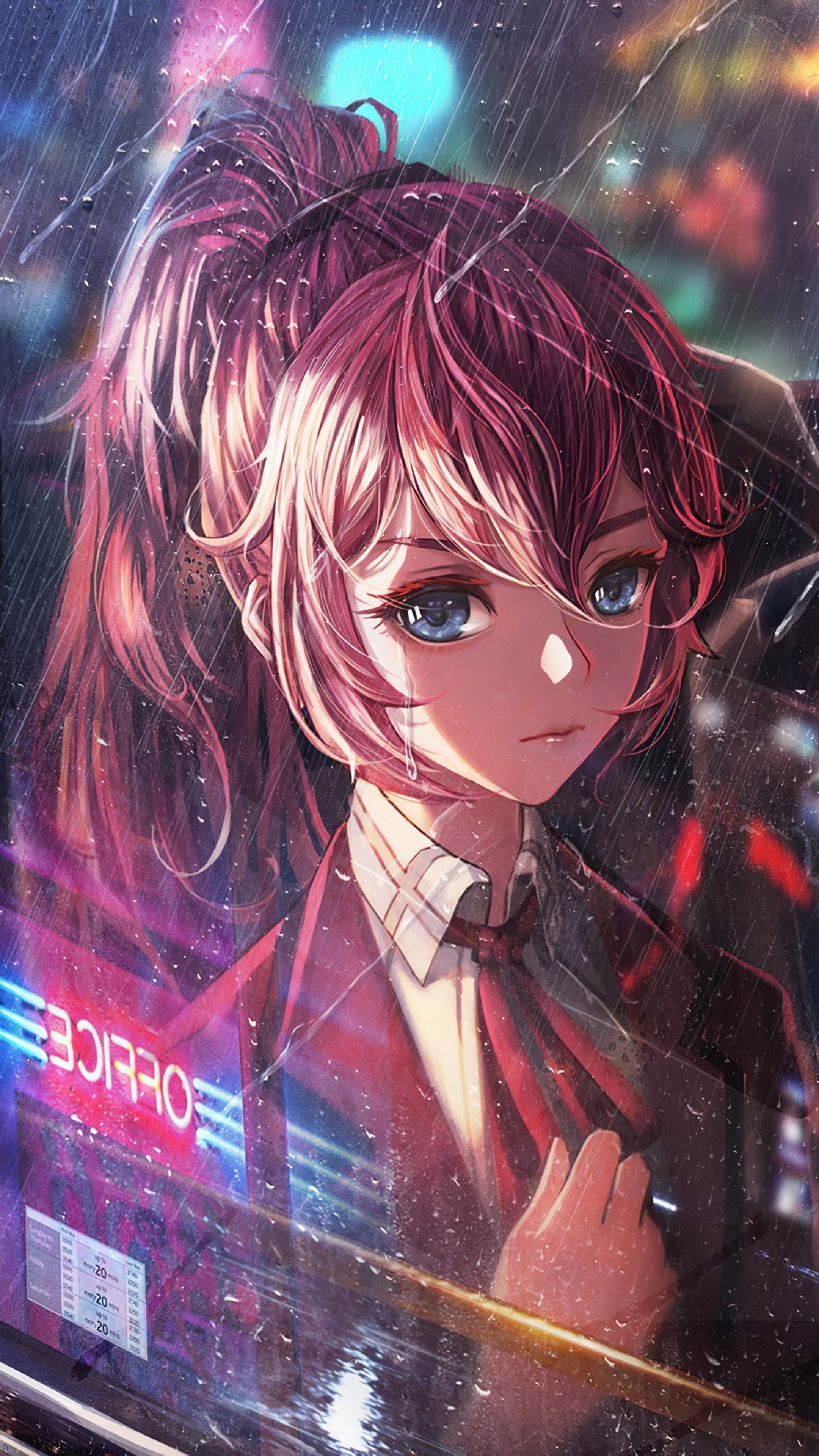 Anime girl bus window, Neon city, 4K wallpapers, Anime, 2160x3840 4K Phone