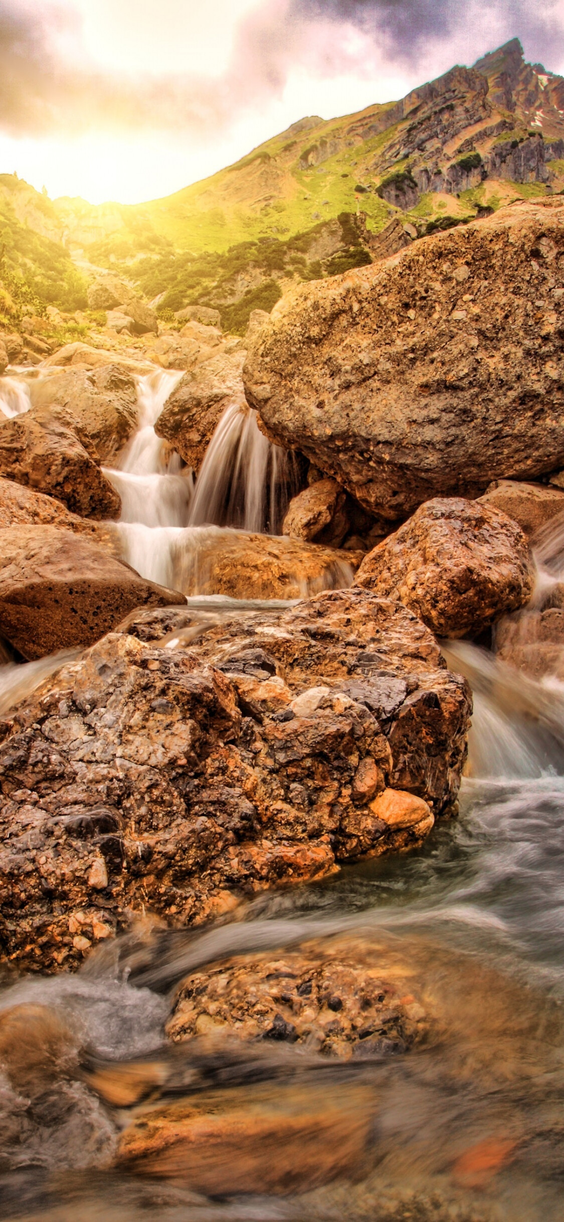 Waterfall rocks, Sunlight, Water stream, Austria, 1130x2440 HD Phone