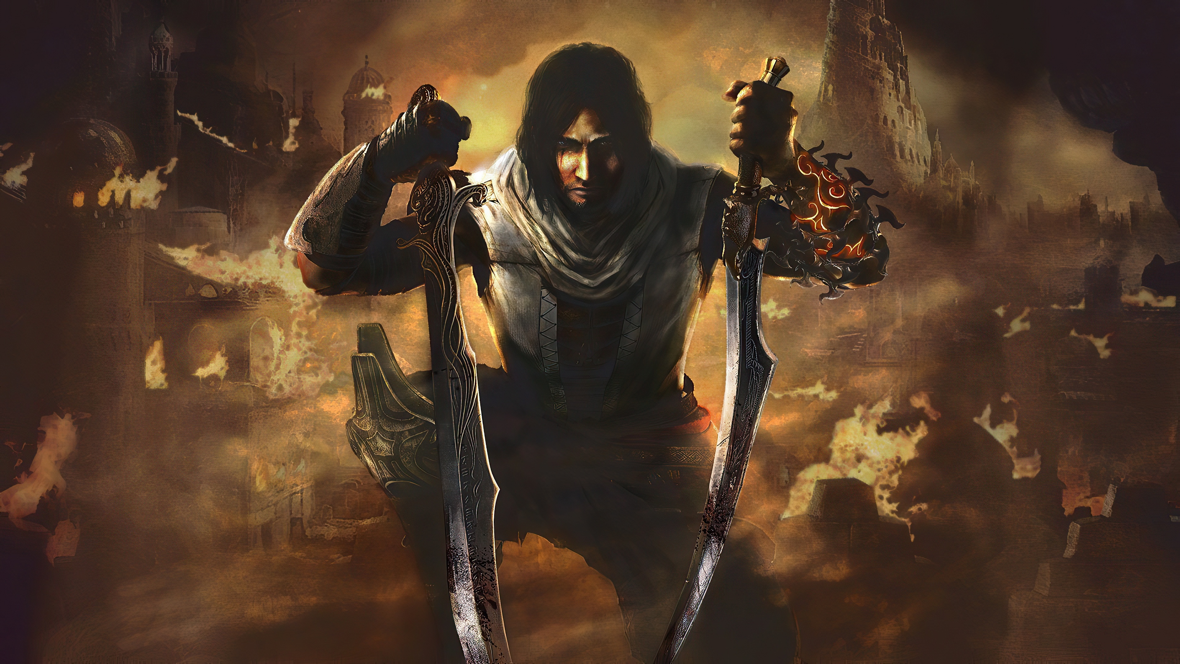 Prince of Persia: The Two Thrones, Dual wielding scimitars, Burning city of Babylon, 4K Desktop wallpaper