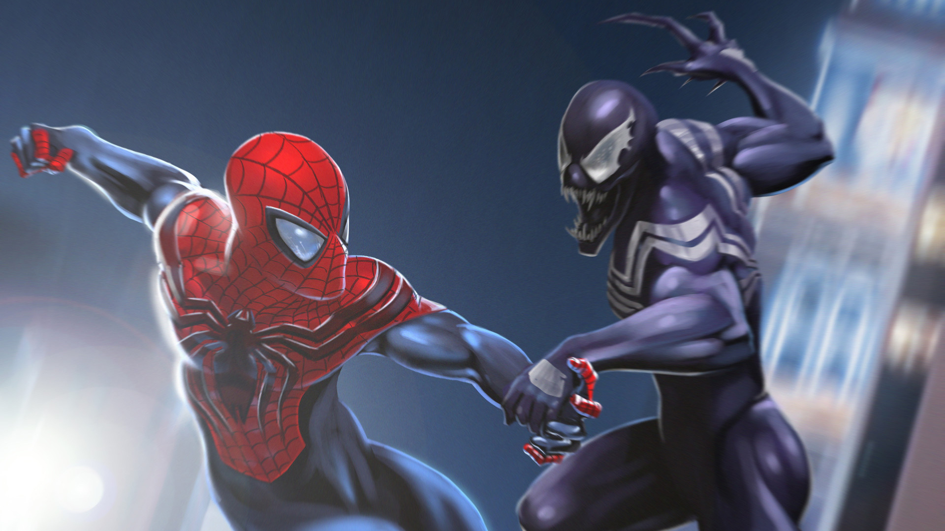 Spider-Man, Venom, Nighttime cityscape backdrop, Full HD Desktop wallpaper