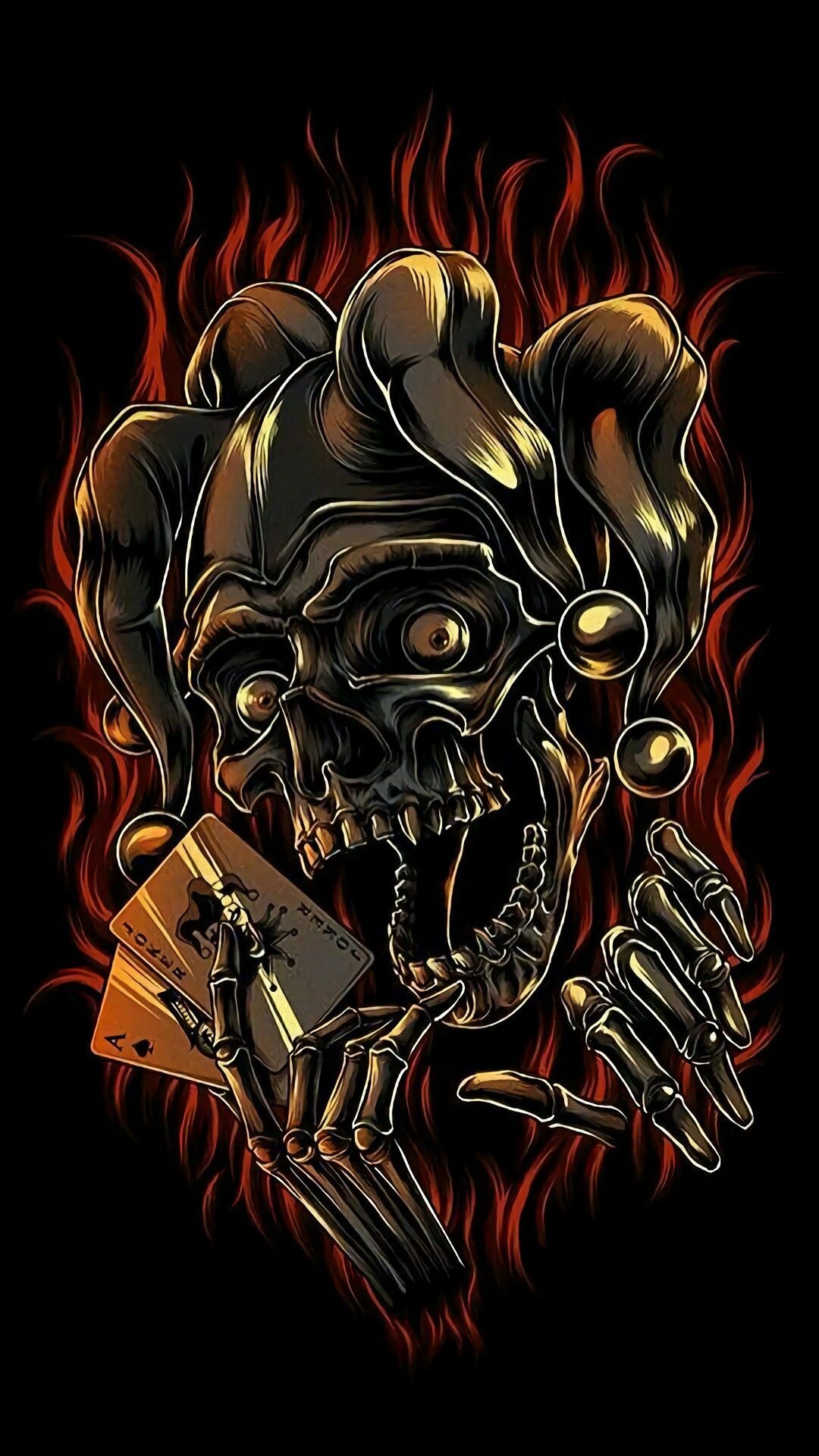 Jester skull belled cap, Skeletal hands holding cards, Joker and ace cards, Orange flame surround, Full HD Phone wallpaper