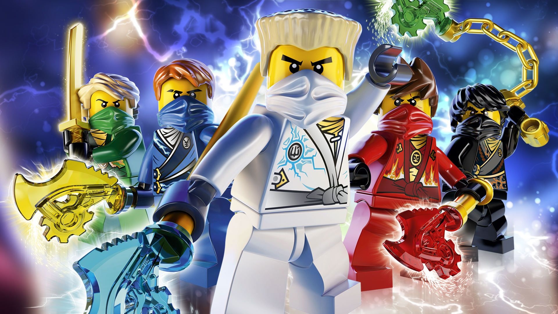 Zane the ice ninja, Lloyd in green hood, Jay in blue gi, Kai with red weapon, Ninjago ninja team, Full HD Desktop wallpaper