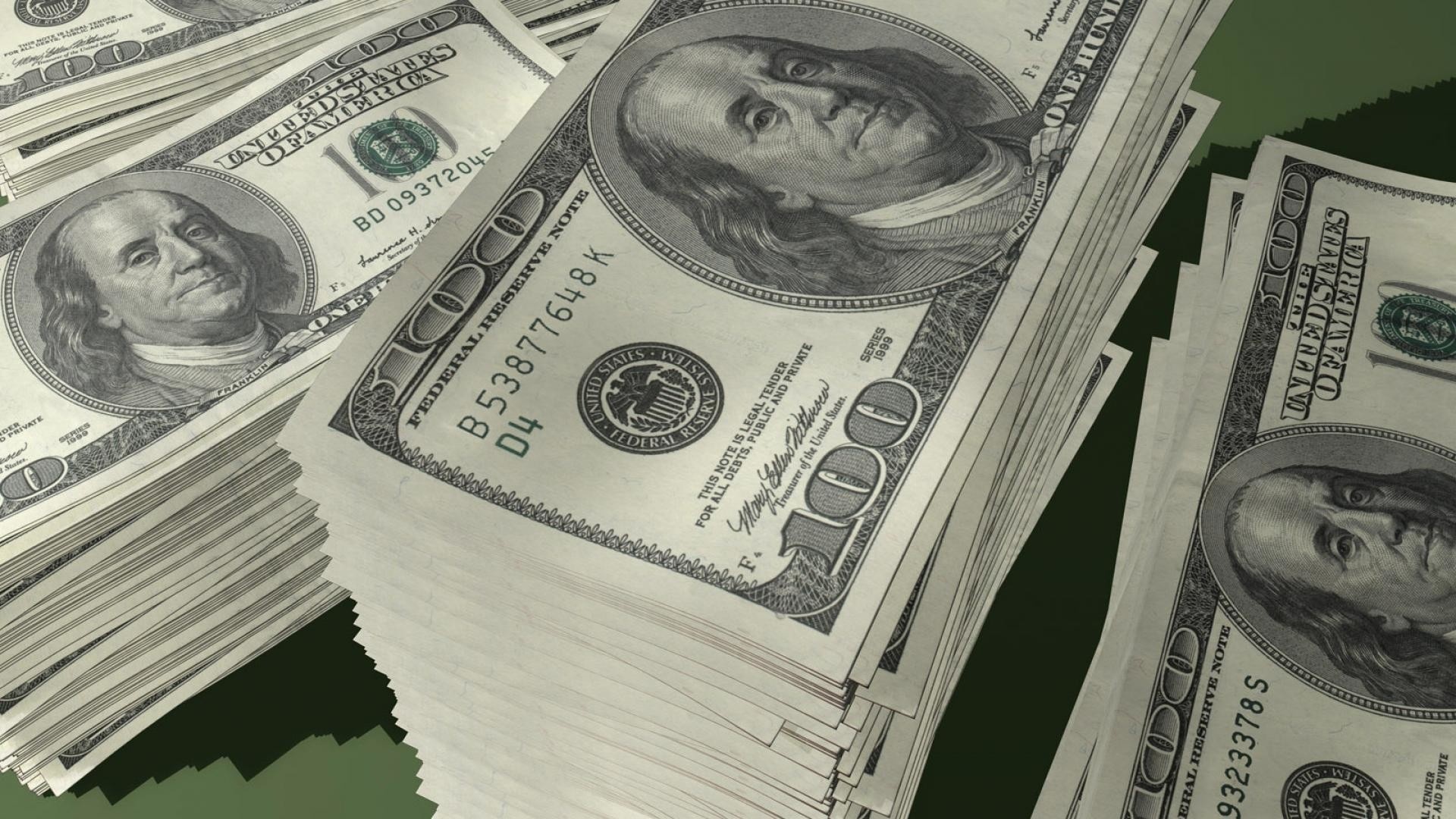 US hundred dollar bills, Benjamin Franklin portrait, Stacked paper banknotes, Full HD Desktop wallpaper