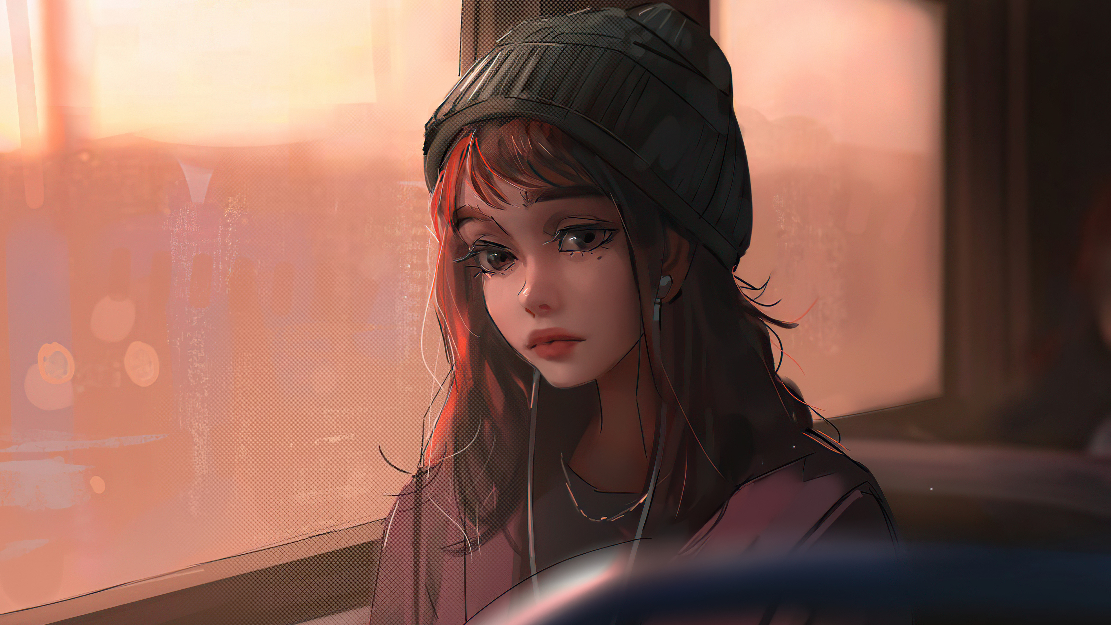 Sad anime girl, Black knit beanie, Sunset train window, 4K Desktop wallpaper