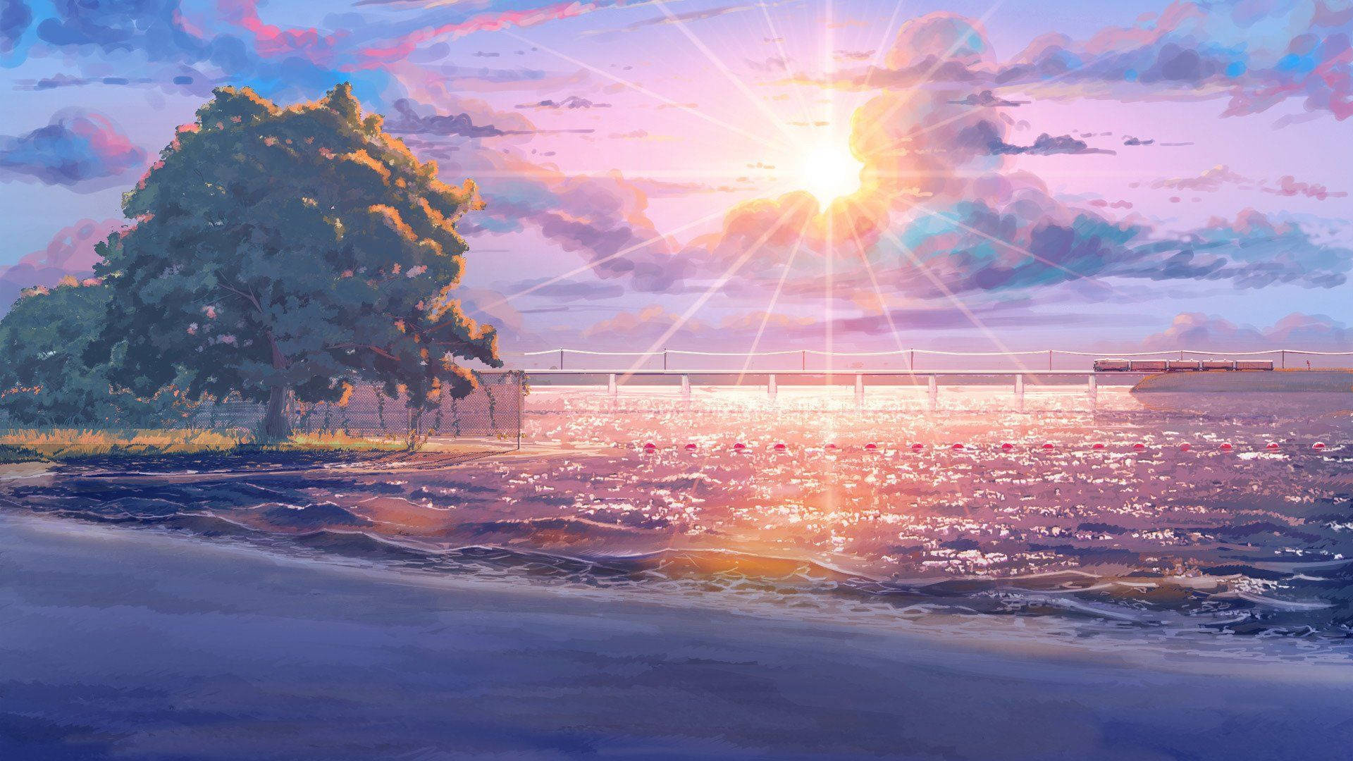 train crossing railway bridge, sunburst over glistening sea, coastal shoreline with tree, Full HD Desktop wallpaper