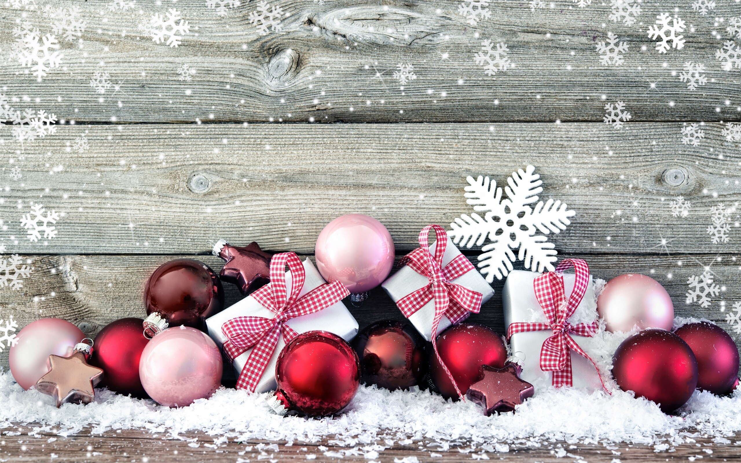 Red Christmas decorations, Wooden wall snow, Festive wallpapers, Holiday vibes, 2560x1600 HD Desktop