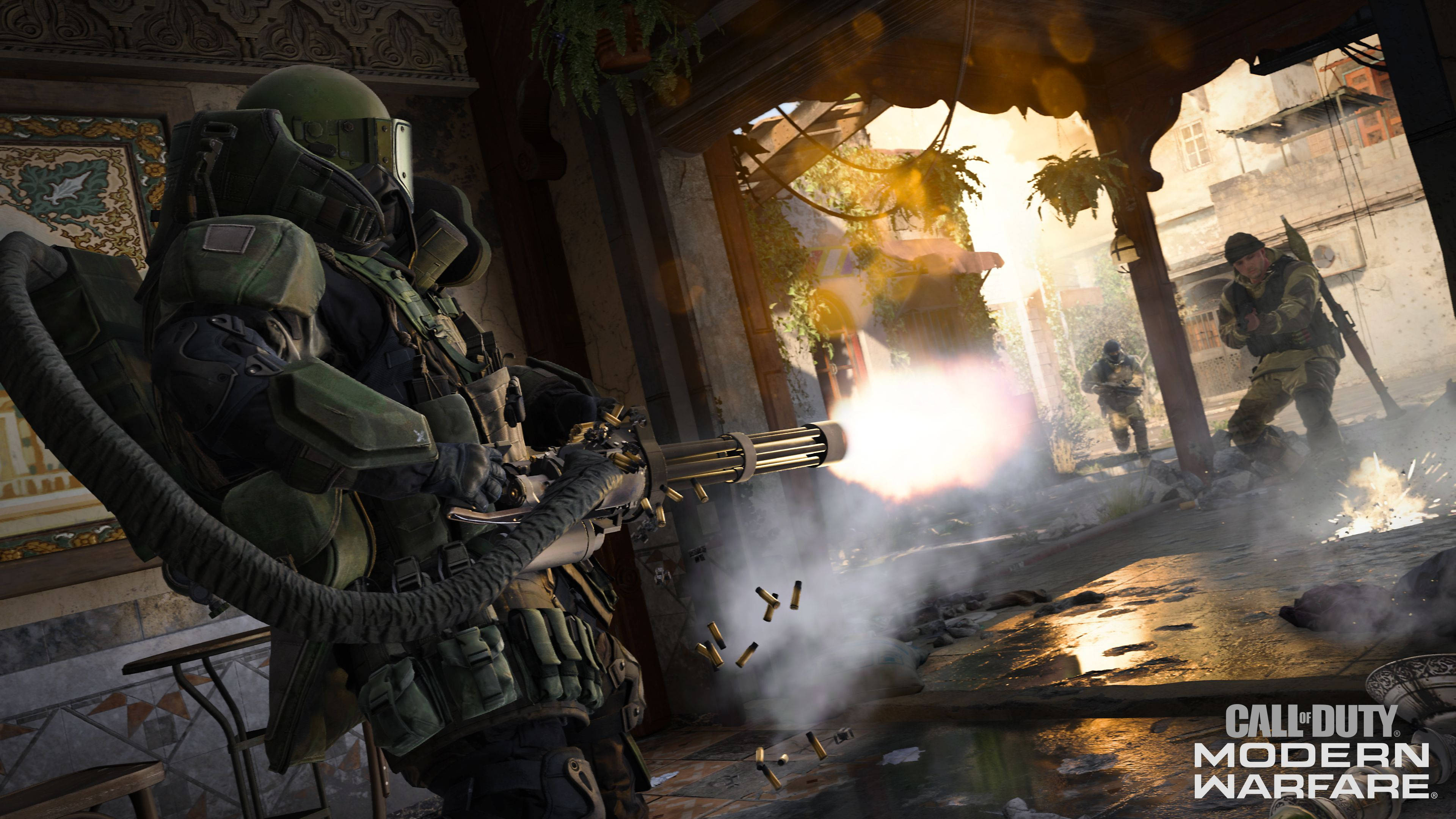 Juggernaut with minigun, Armed insurgent soldiers, Call of Duty: Modern Warfare logo, 4K Desktop wallpaper