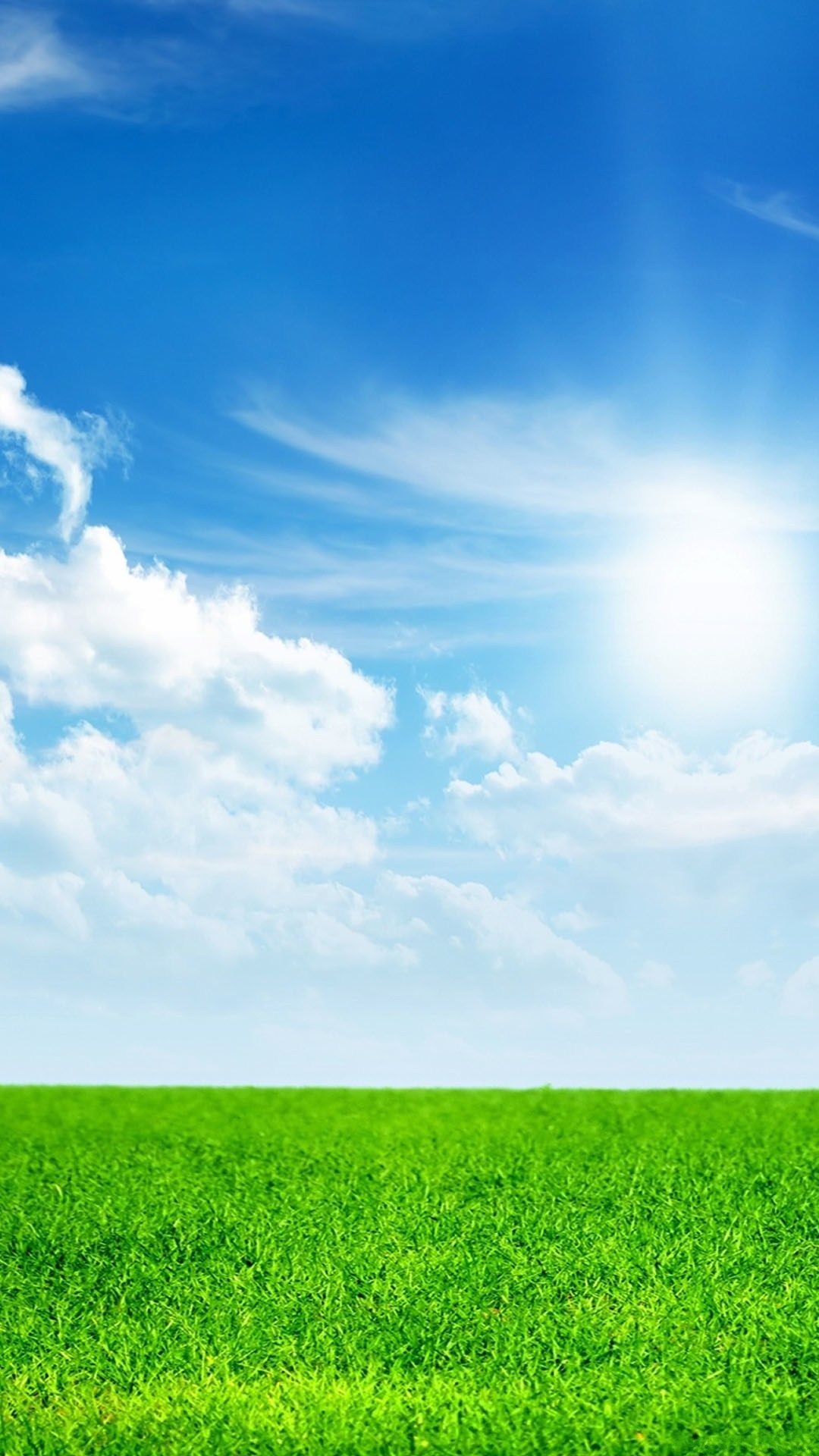 vibrant green grass field, bright shining sun, white cumulus clouds, Full HD Phone wallpaper