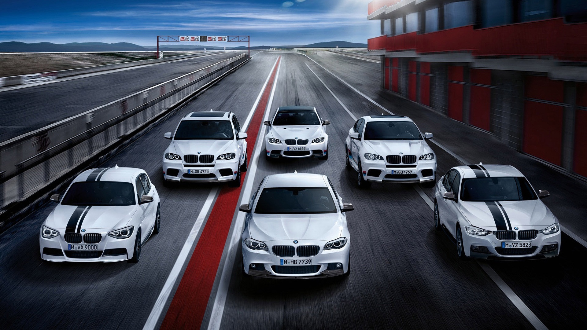 BMW M Performance lineup, BMW 5 Series M Performance, BMW 3 Series M Performance, Racetrack pit straight, Full HD Desktop wallpaper