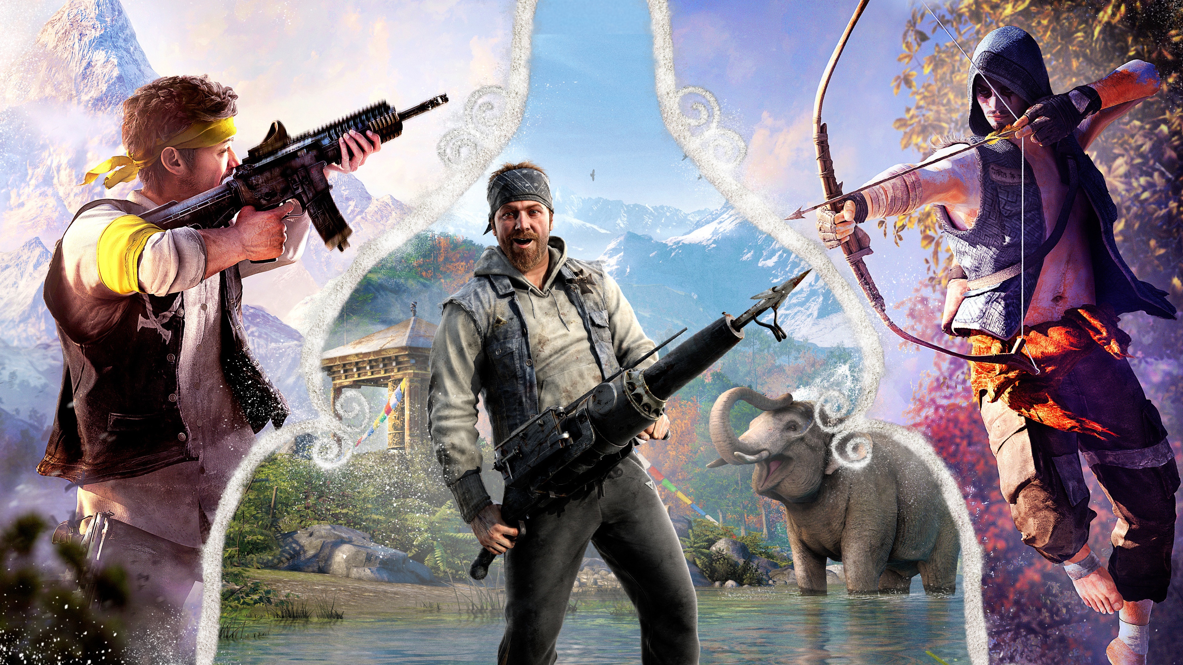 Hurk Drubman Jr., Ajay Ghale, Far Cry 4, Kyrat mountain landscape, Asian elephant, 4K Desktop wallpaper