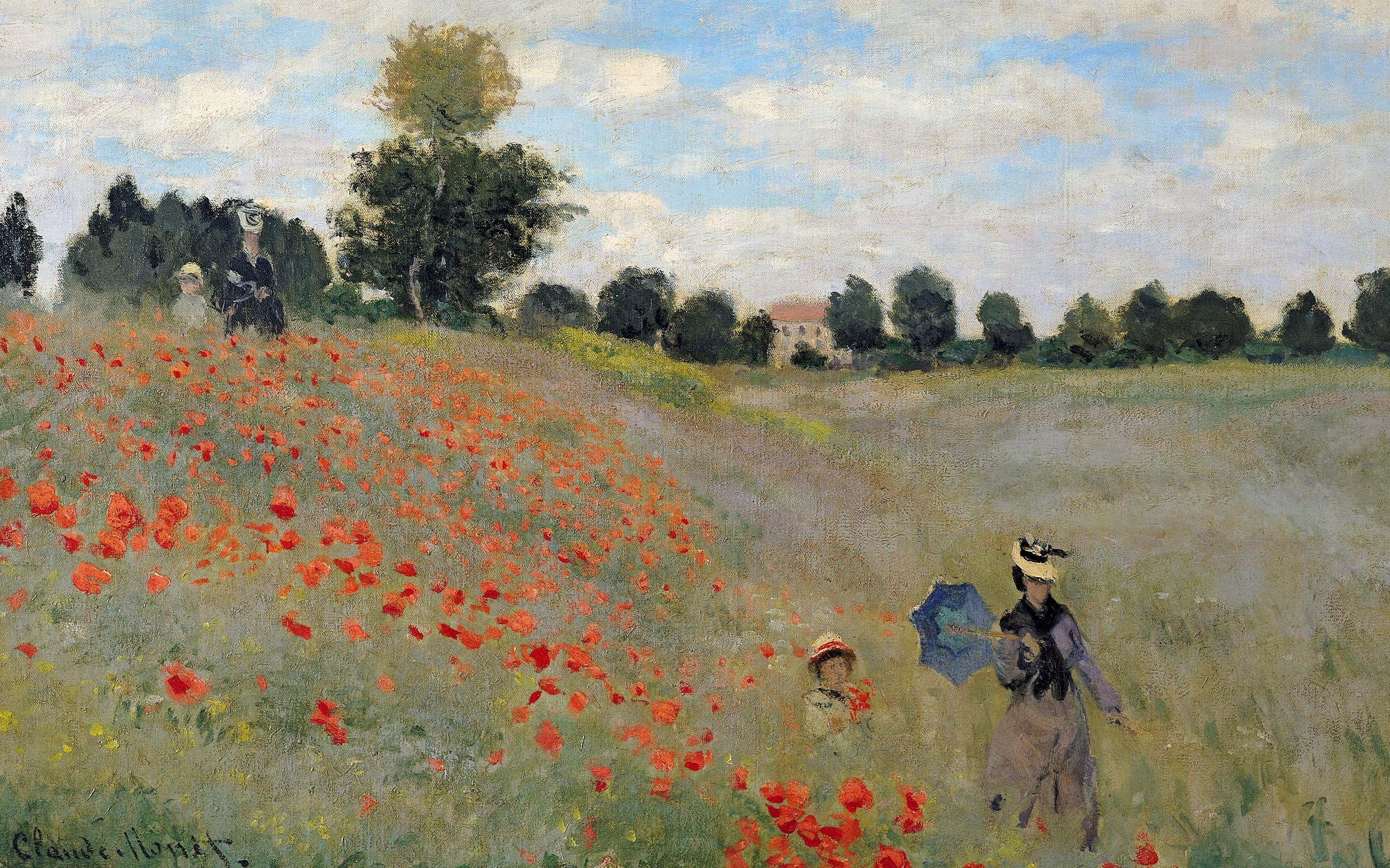 Claude Monet Poppies, Camille Monet with parasol, blooming red poppy field, HD Desktop wallpaper