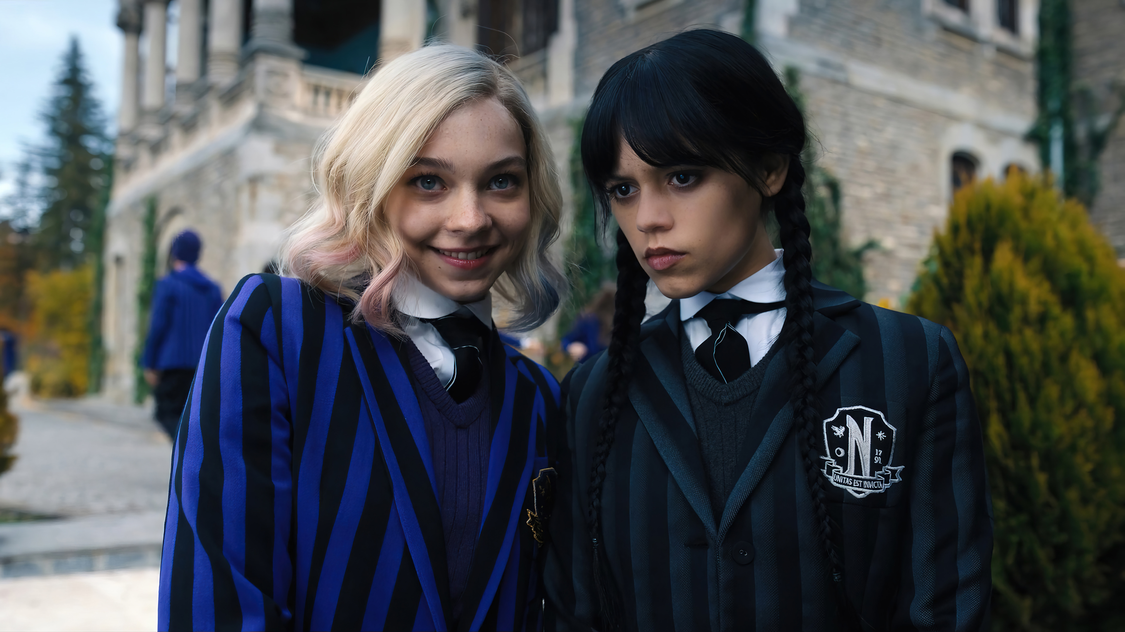 Wednesday Addams, Enid Sinclair, Nevermore Academy uniform, 4K Desktop wallpaper