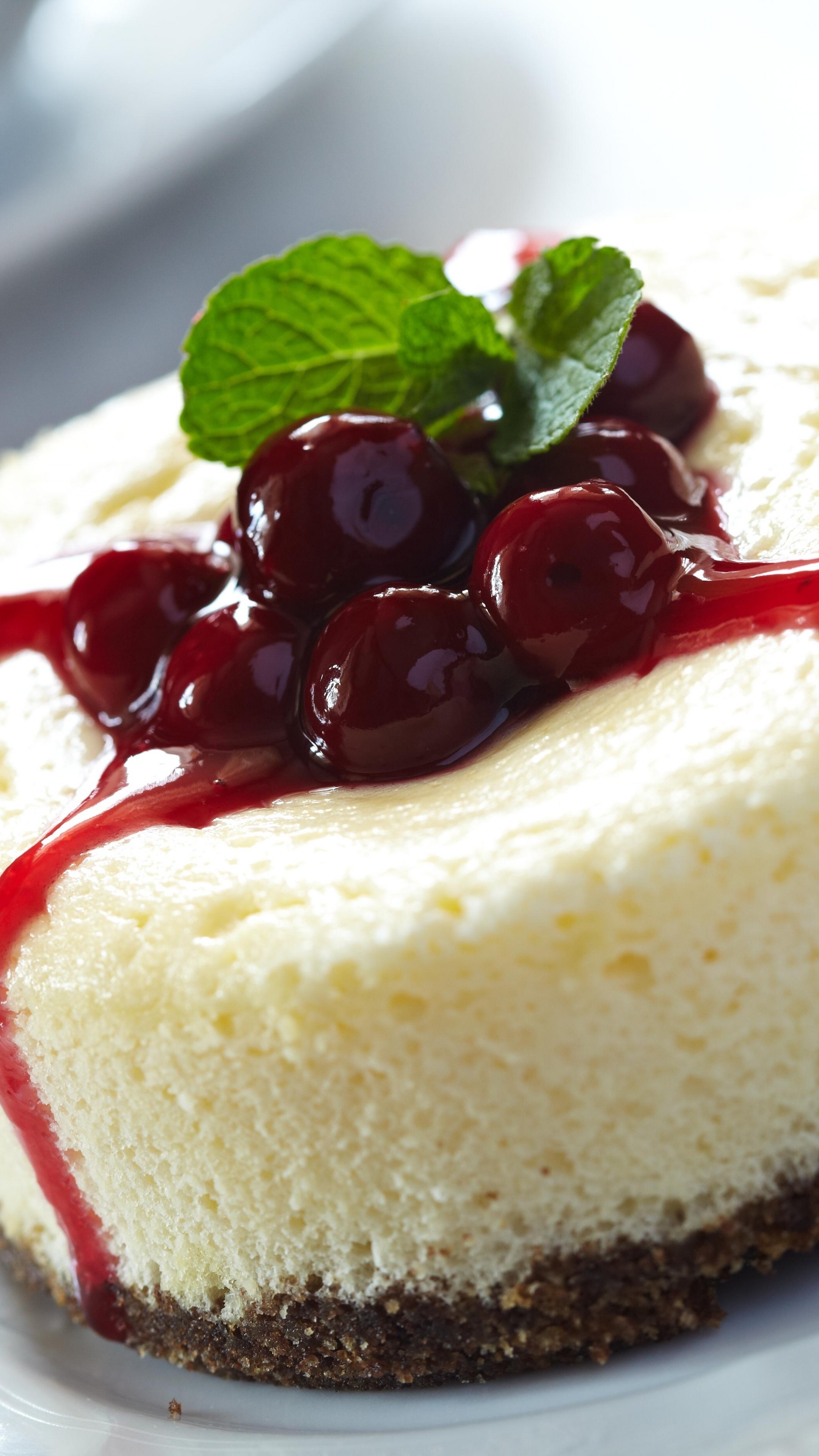 Cheesecake with cherry jam, Minty freshness, Irresistible dessert, Food bliss, 2160x3840 4K Phone