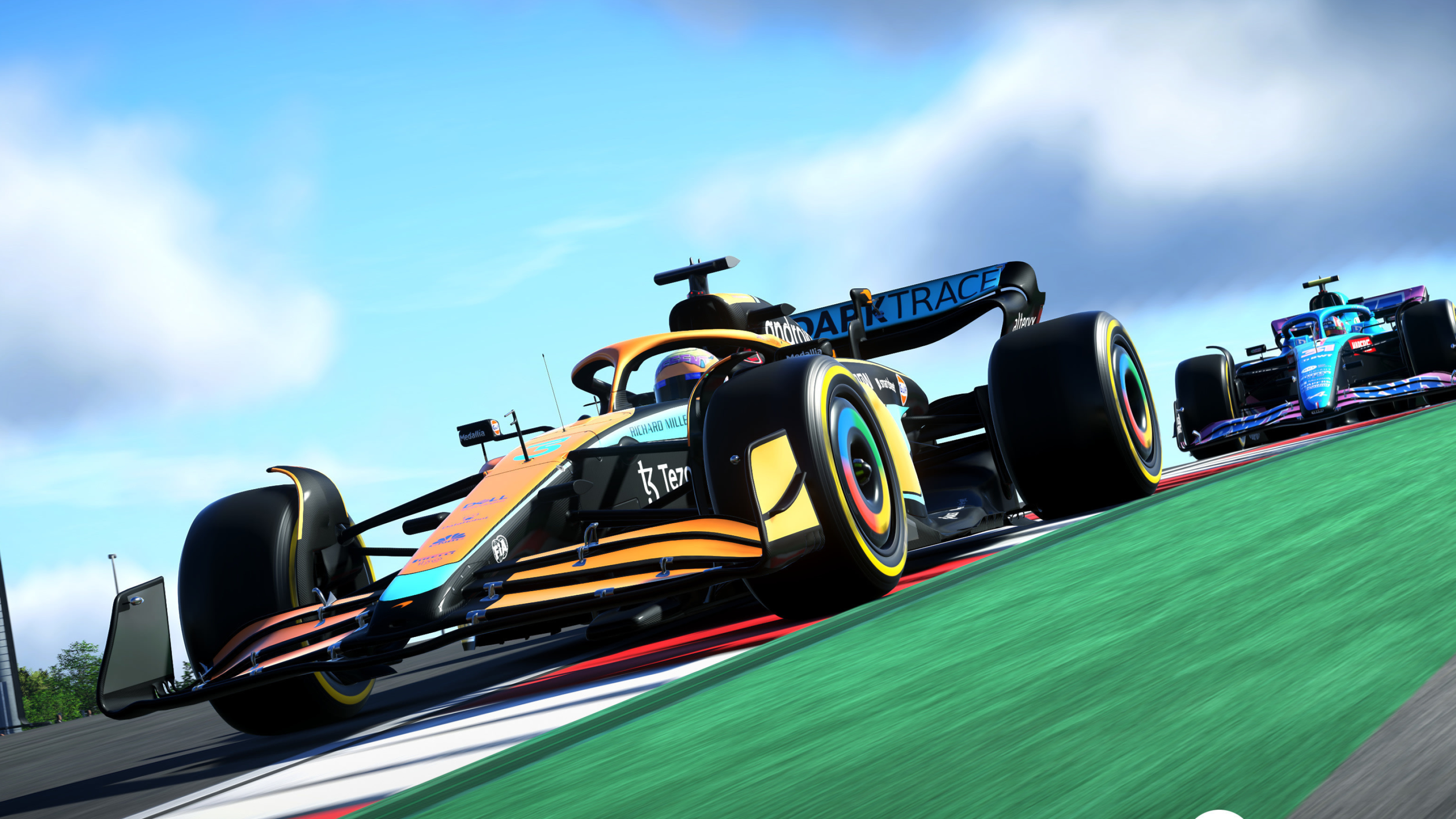 McLaren MCL36 F1 car, Alpine A522 F1 car, Green circuit runoff curb, 4K Desktop wallpaper