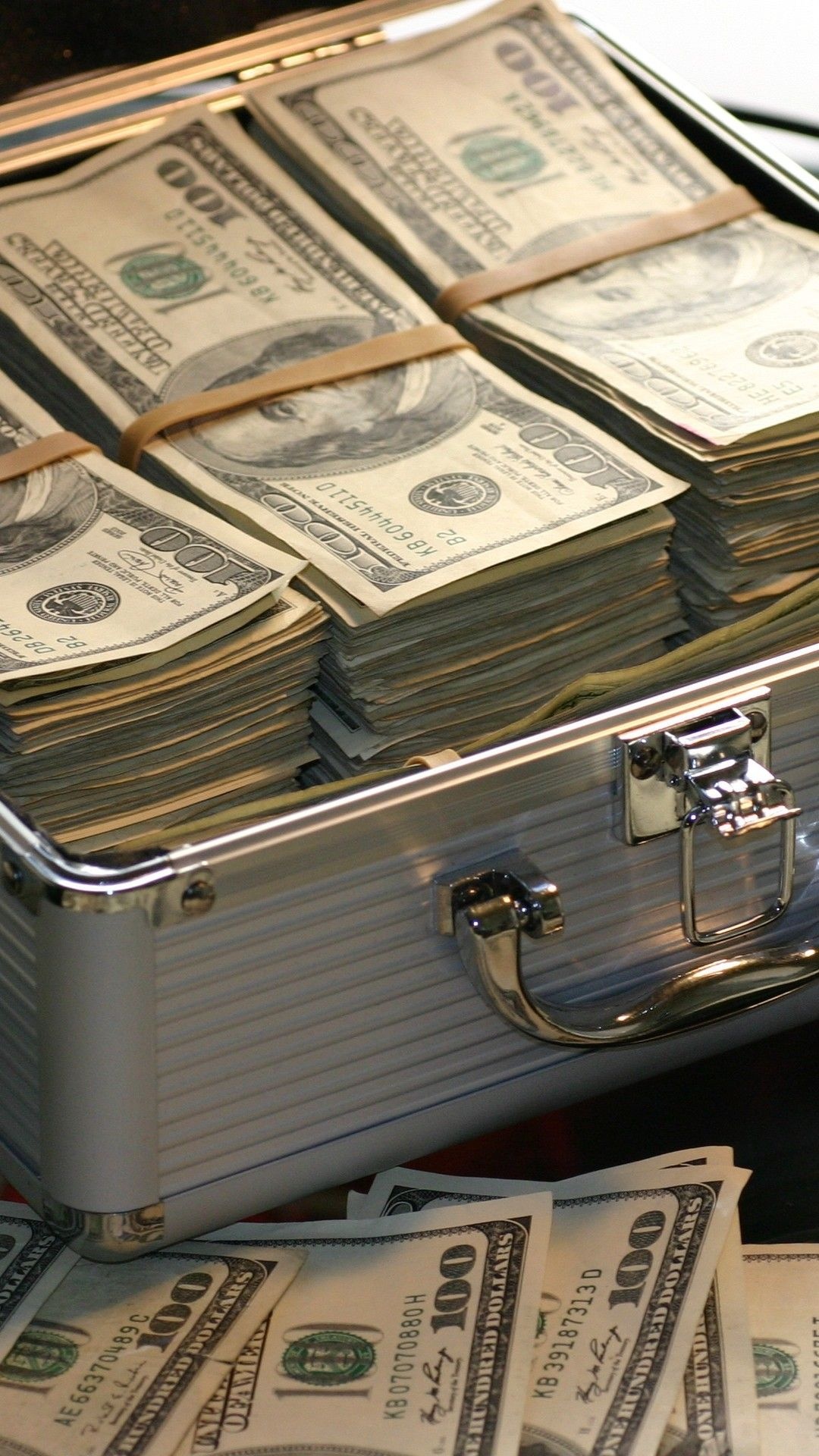 United States hundred-dollar bills, Silver aluminum briefcase, Rubber-banded money stacks, Full HD Phone wallpaper