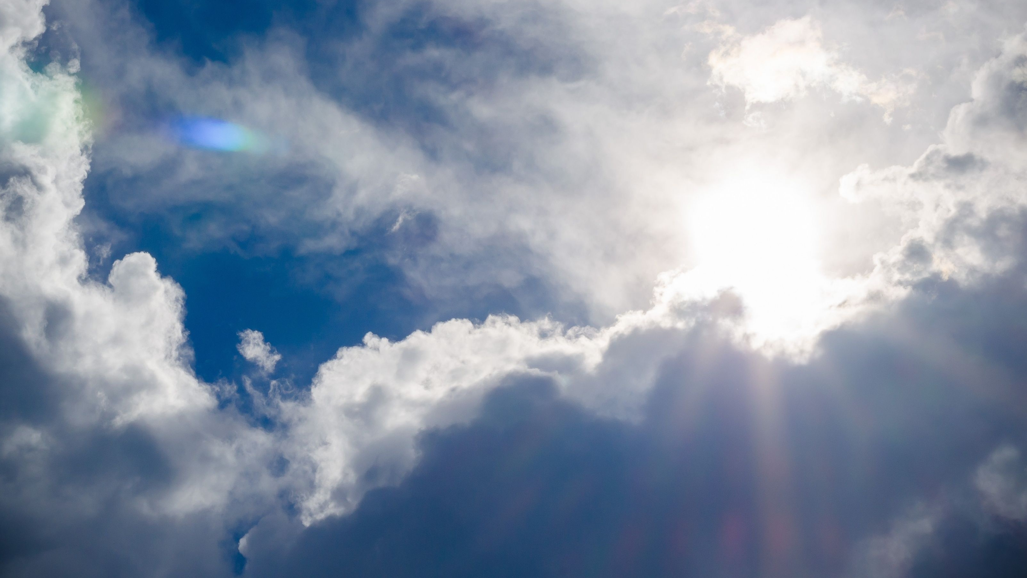 Sunburst through clouds, Dramatic cumulus clouds, Blue sky lens flare, HD Desktop wallpaper