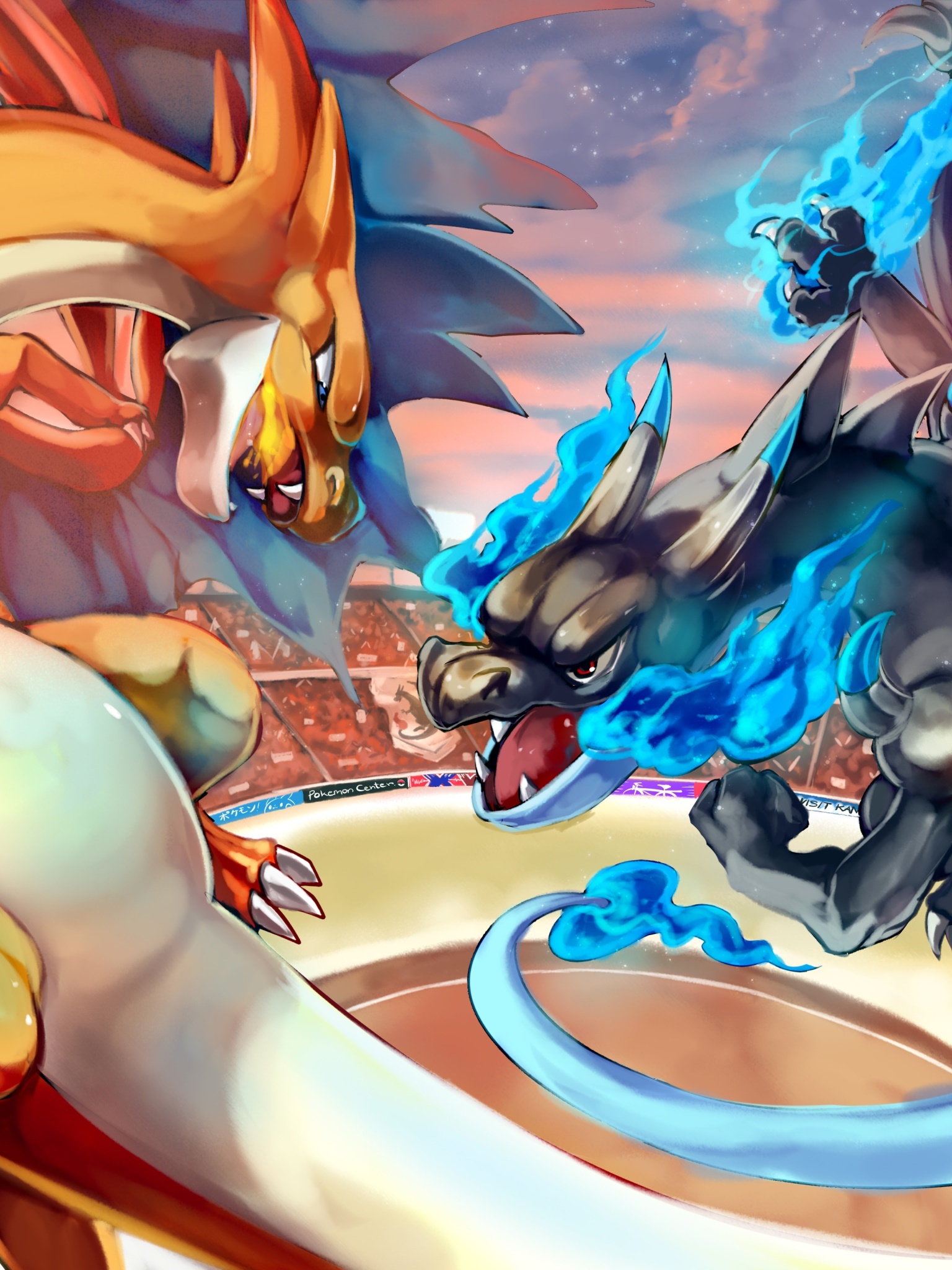 Mega Charizard X, Mega Charizard Y, Pokémon battle arena, HD Phone wallpaper