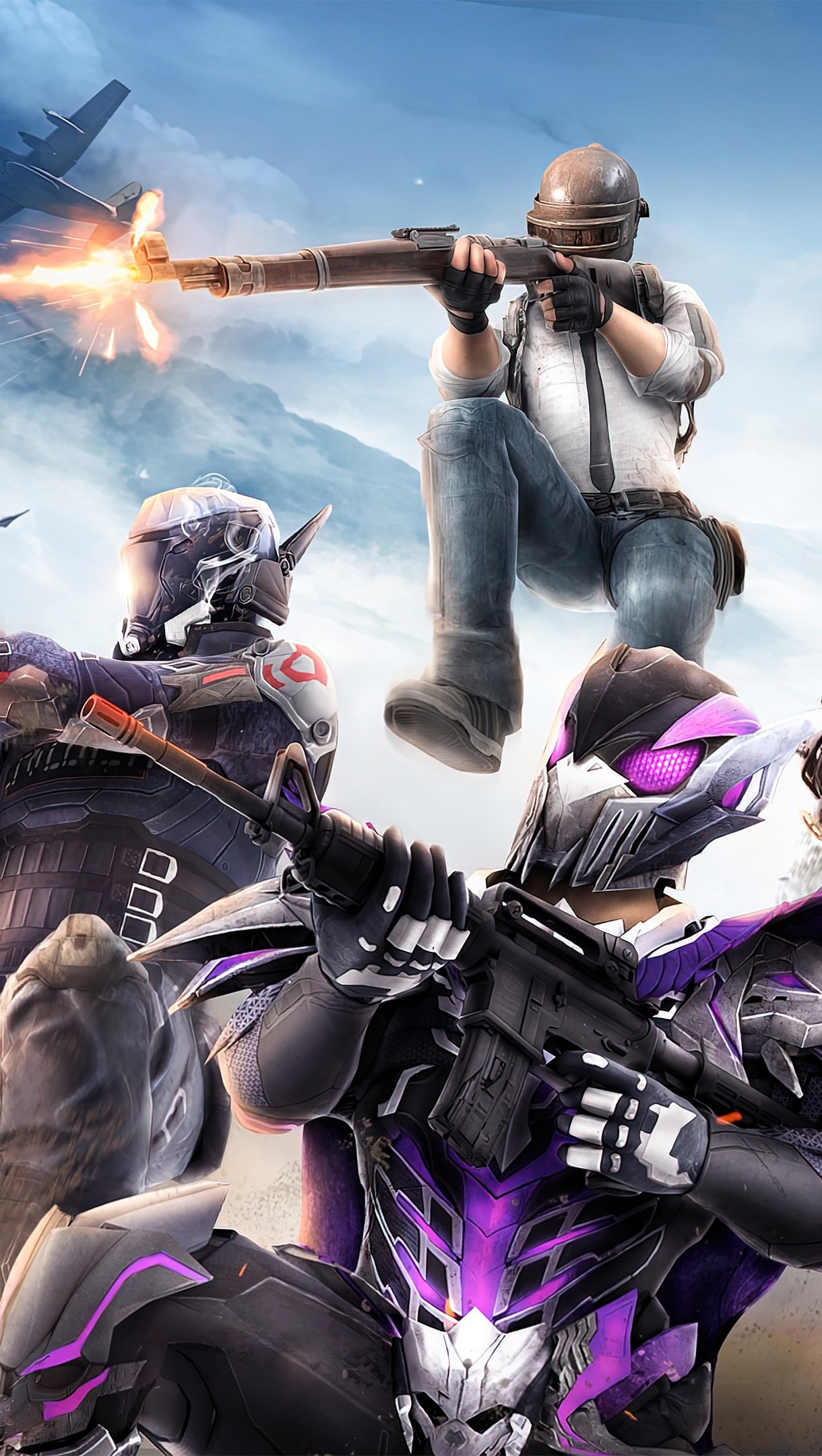 PUBG Lone Survivor, purple futuristic combat armor, firing Kar98k rifle, C-130 transport aircraft, HD Phone wallpaper