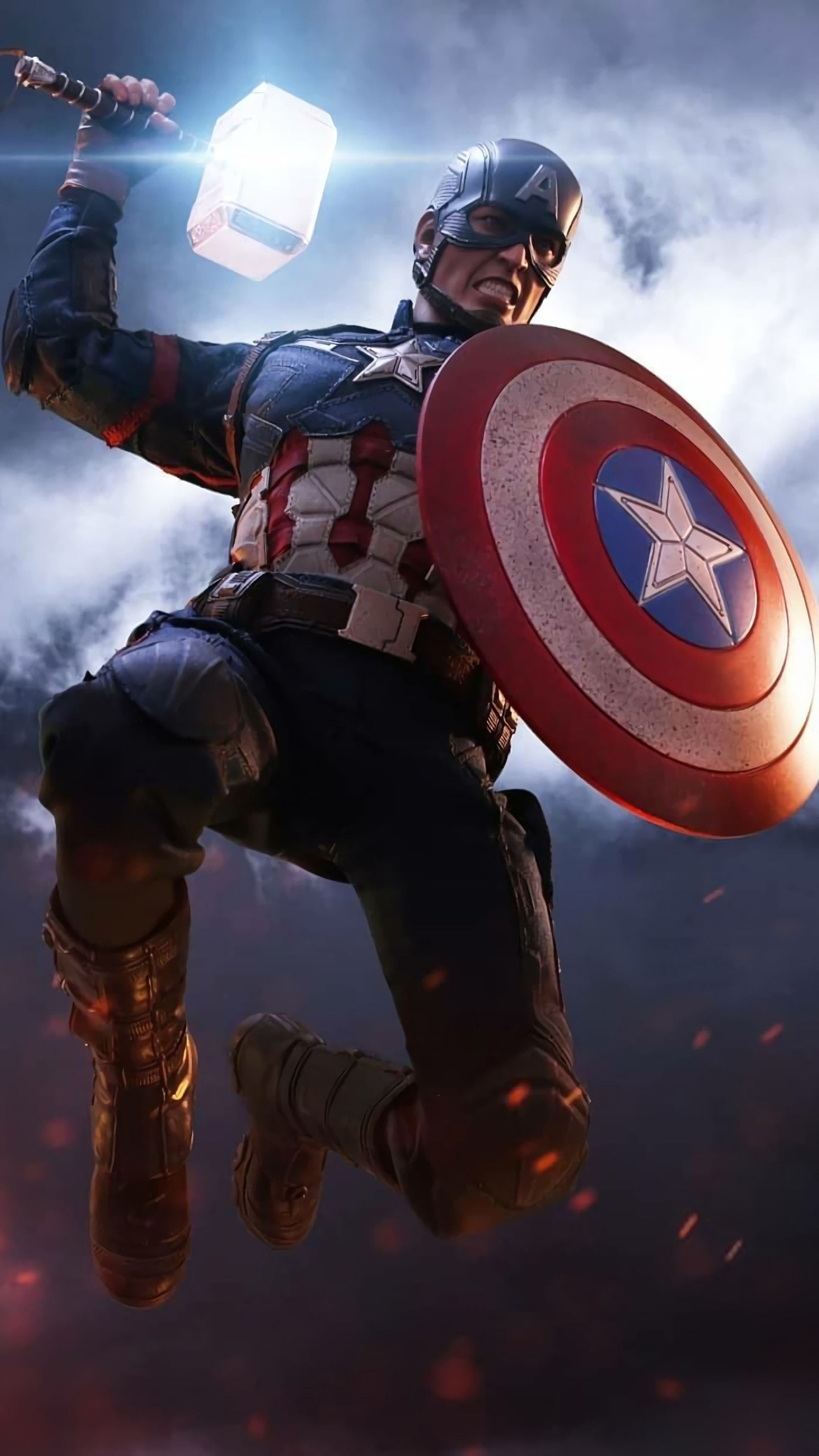 Captain America, Captain America's shield, glowing Mjolnir, 4K Phone wallpaper