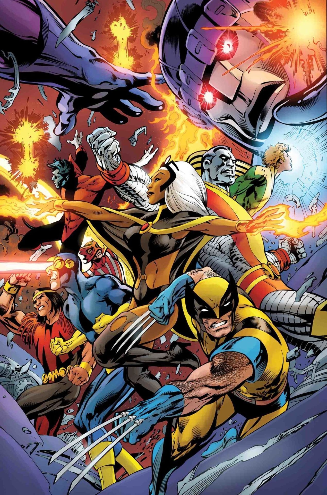 X-Men comic team, Wolverine with claws extended, Storm summoning lightning, Colossus in armored form, Giant Sentinel robot, HD Phone wallpaper