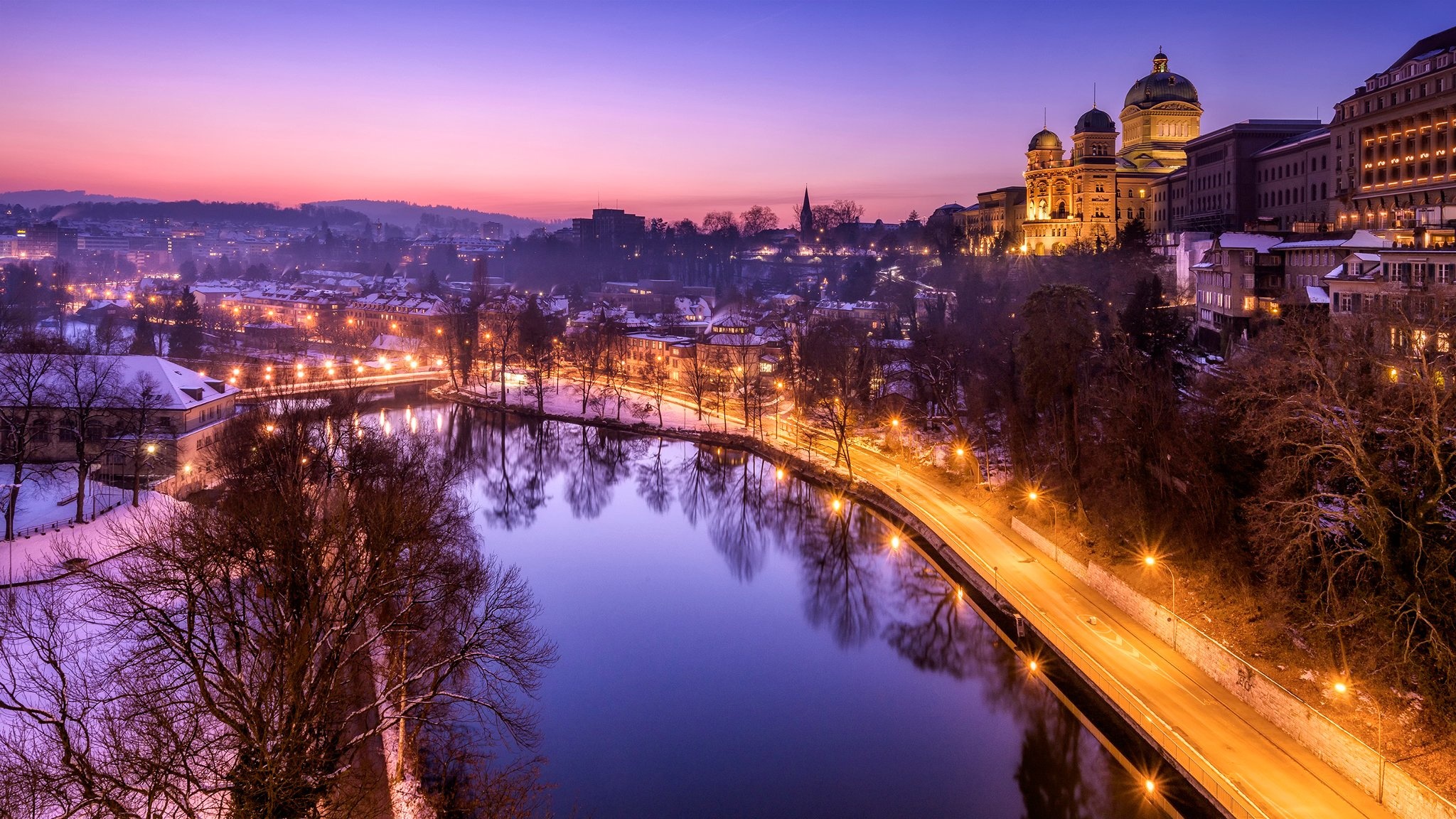 Bern, Switzerland roads, Pond night, Street lights, 2050x1160 HD Desktop