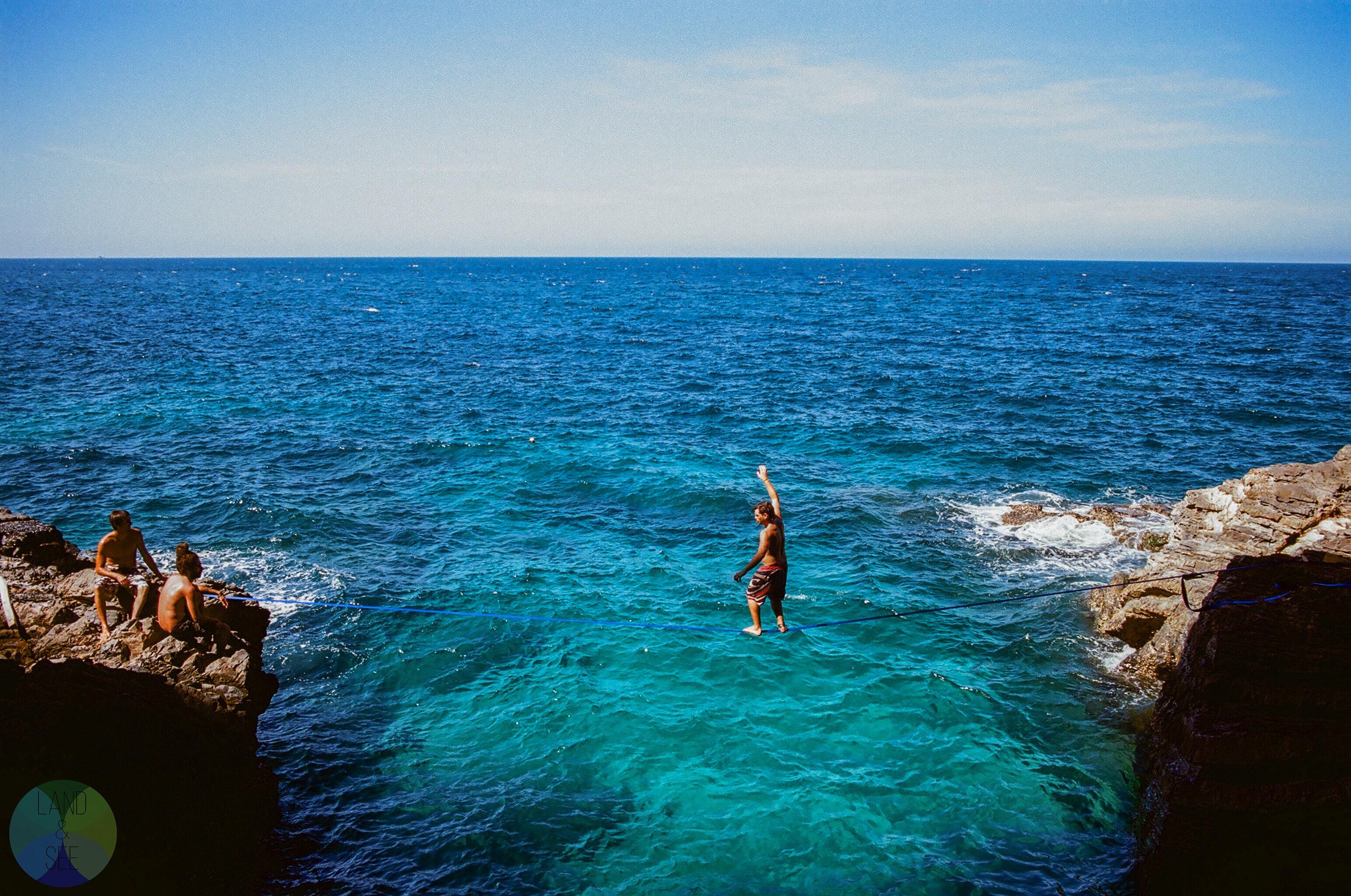 Slacklining over clear water, Malaysia, Tropical paradise, Aerial acrobatics, 3090x2050 HD Desktop