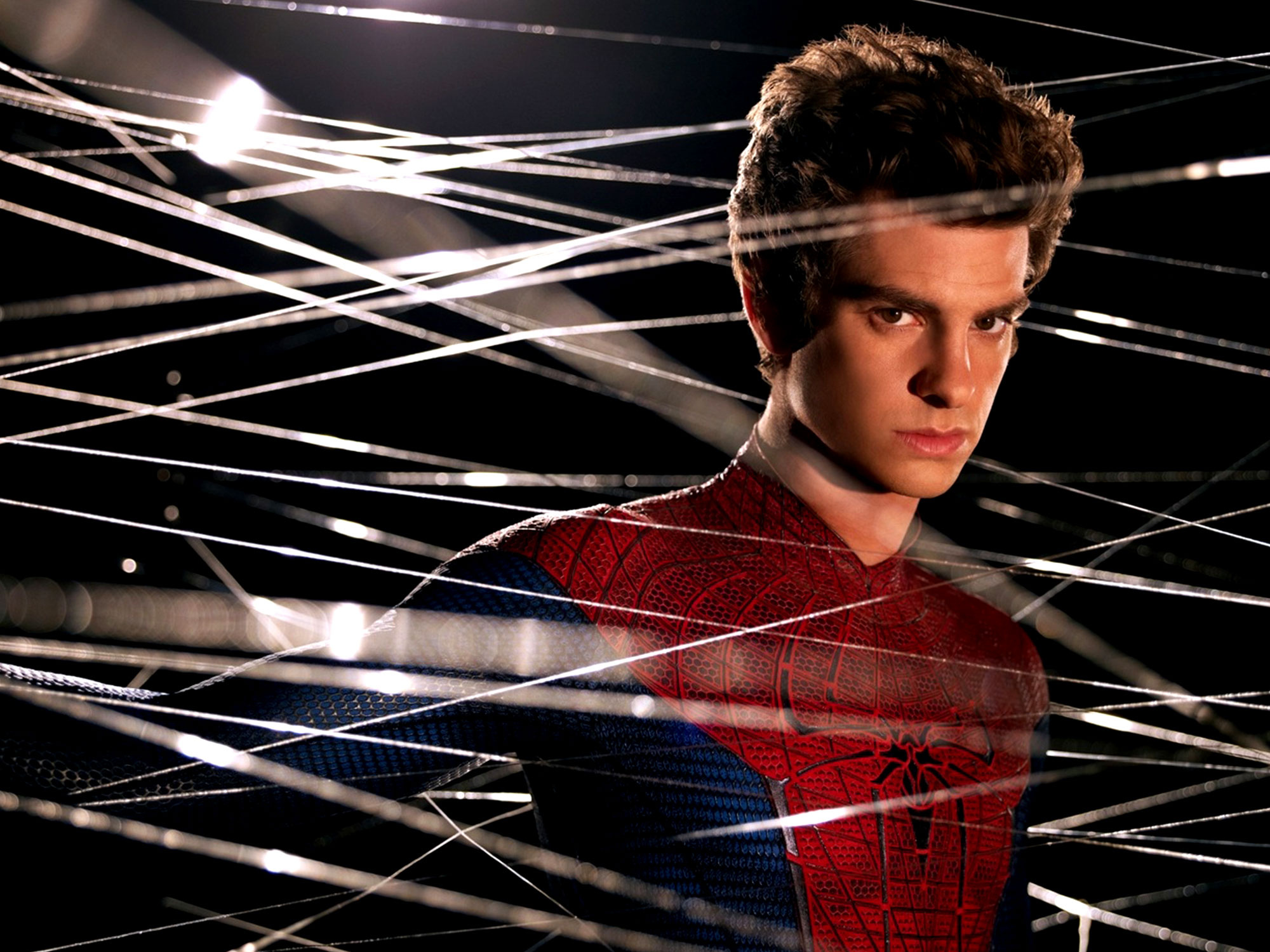 Andrew Garfield, The Amazing Spider-Man suit, crisscrossing spiderweb strands, HD Desktop wallpaper