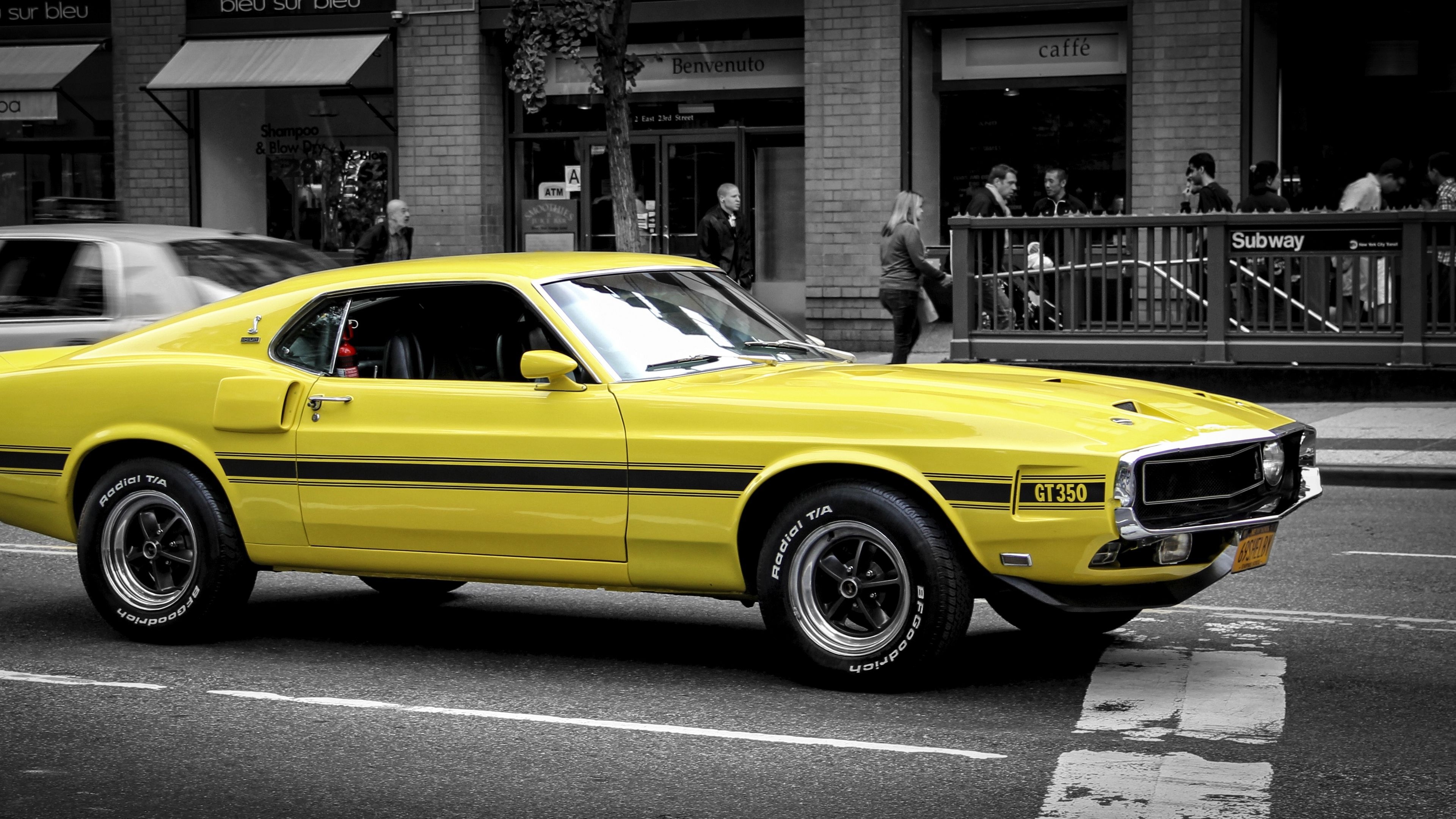1969 Shelby Mustang GT350, Selective color street scene, BFGoodrich Radial T/A tires, 4K Desktop wallpaper