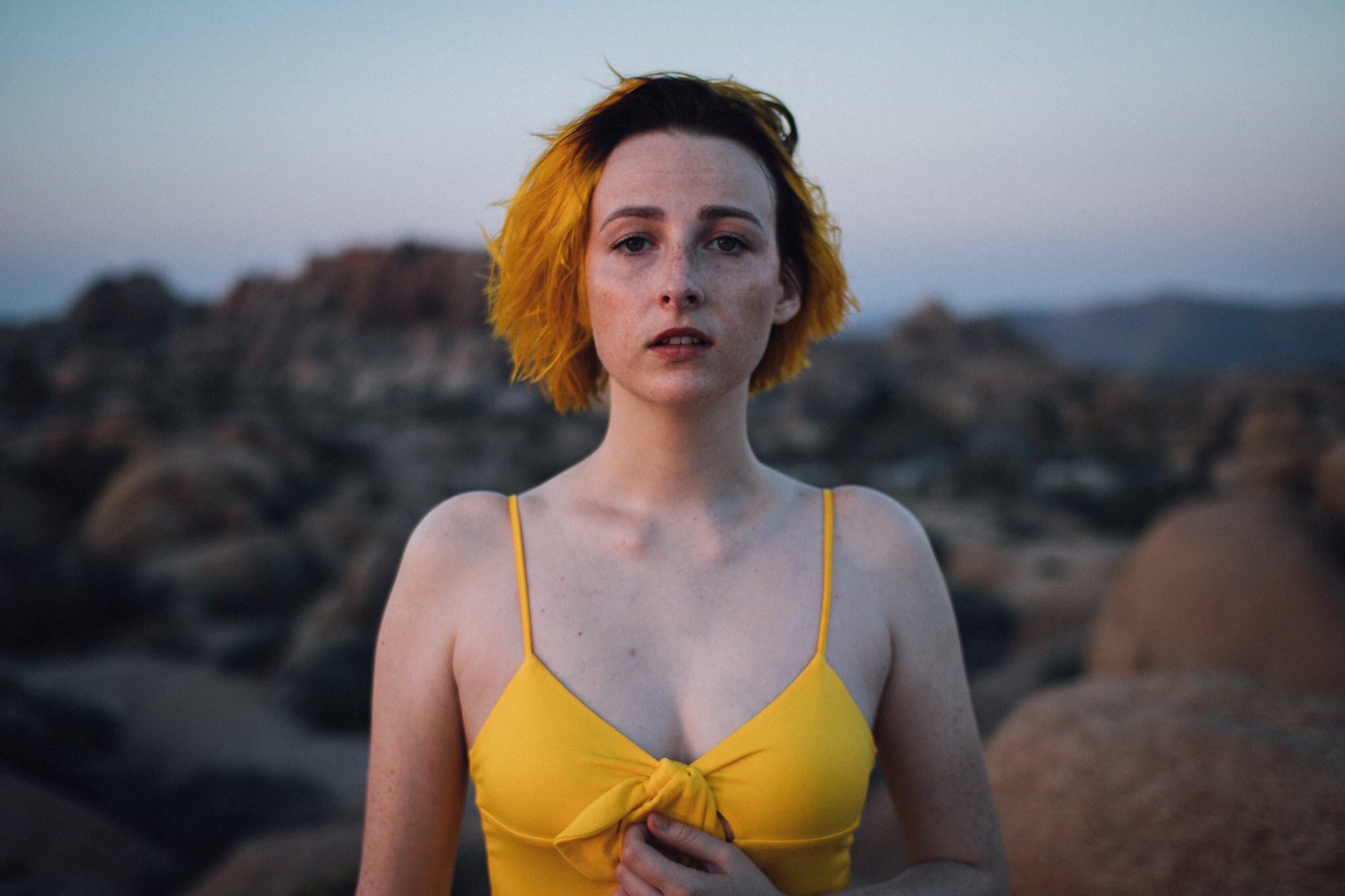 Tessa Violet, Stylish yellow dress, Frontal view, Fashionable wallpaper, 2050x1370 HD Desktop