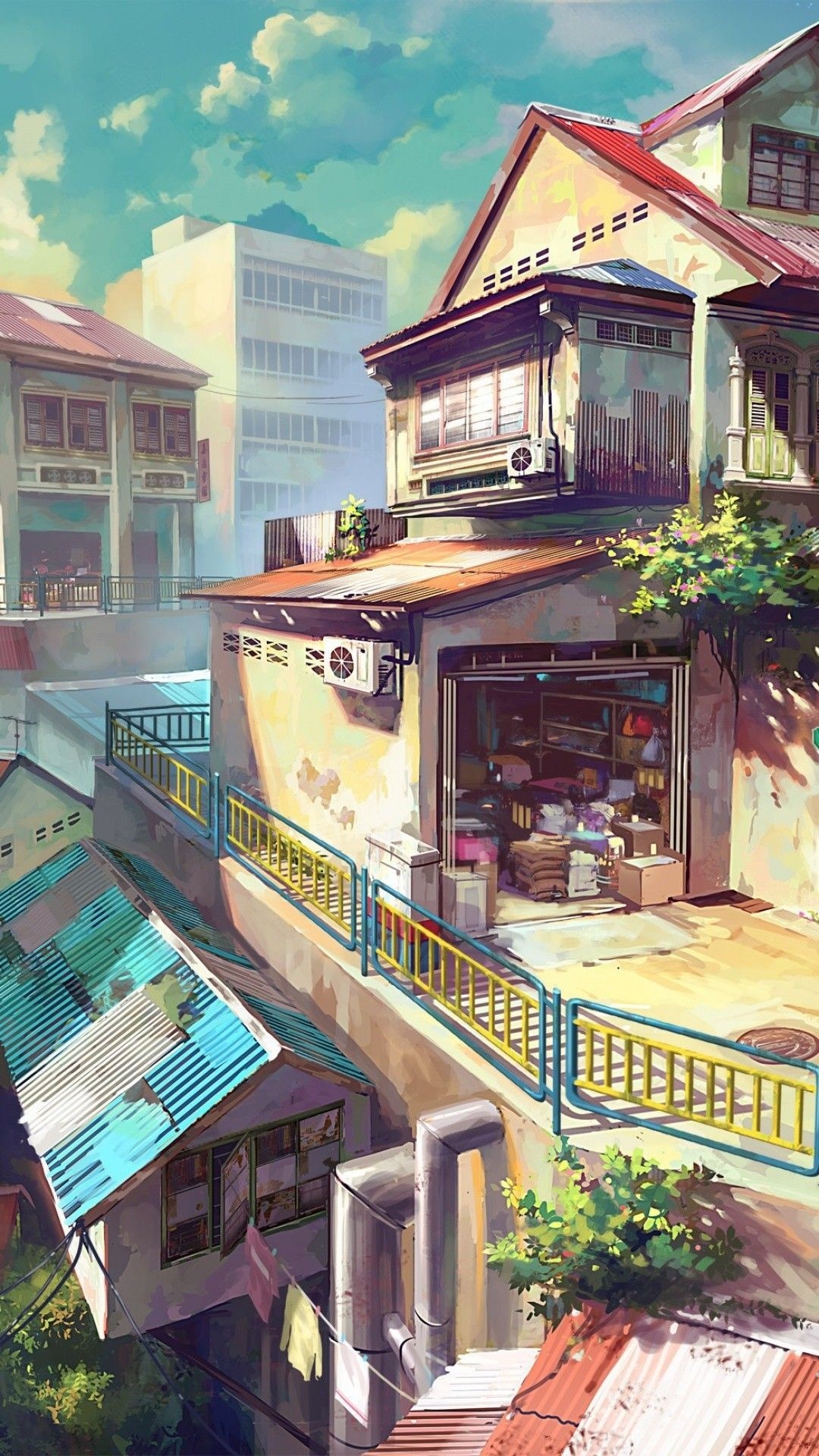 Southeast Asian anime shophouse, open cluttered garage workshop, corrugated metal roofs, Full HD Phone wallpaper