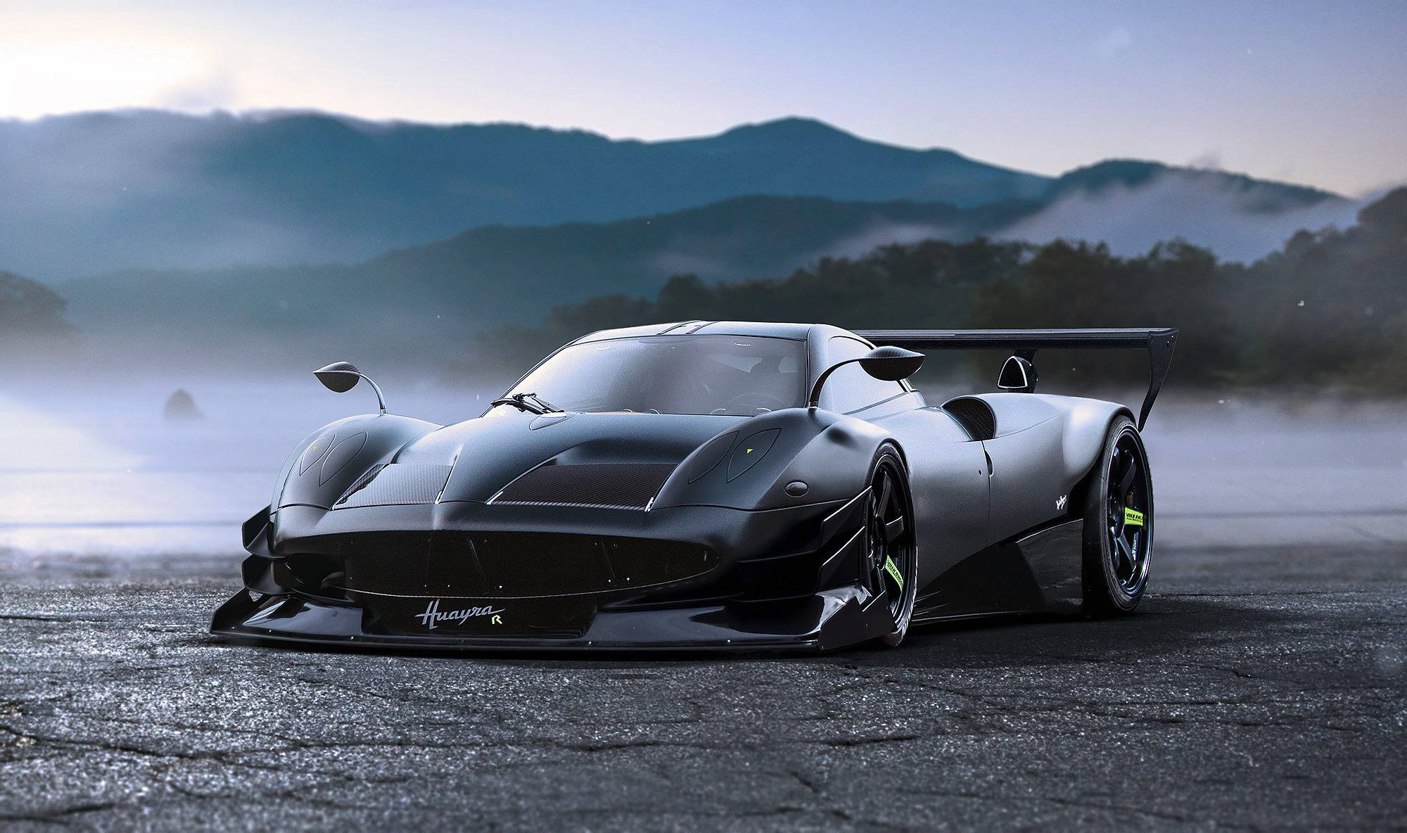 Pagani Huayra R, Matte black carbon fiber body, Misty mountain landscape, HD Desktop wallpaper