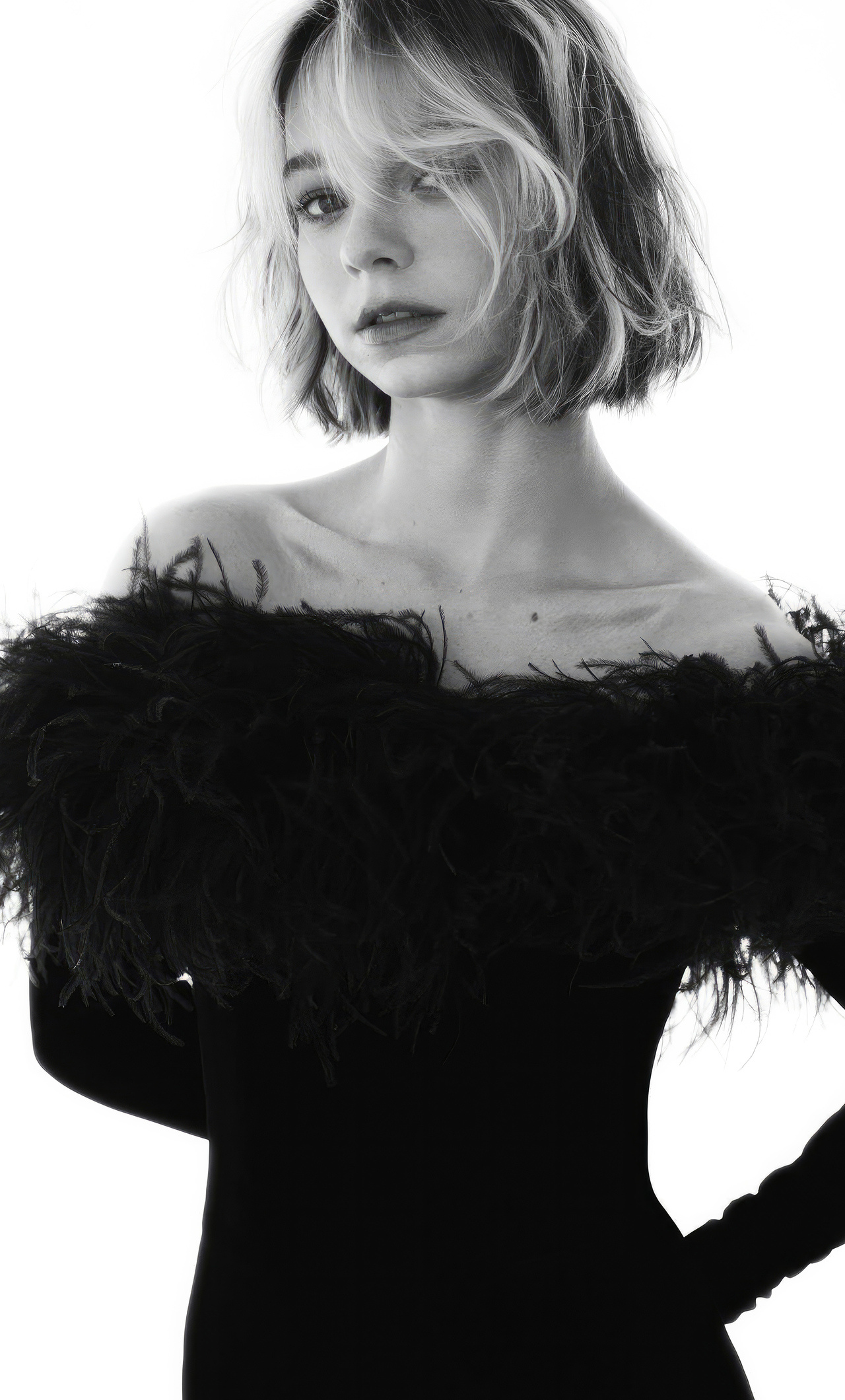 Emma Myers in black feather dress, Off-shoulder feather trim, Black and white studio portrait, HD Phone wallpaper