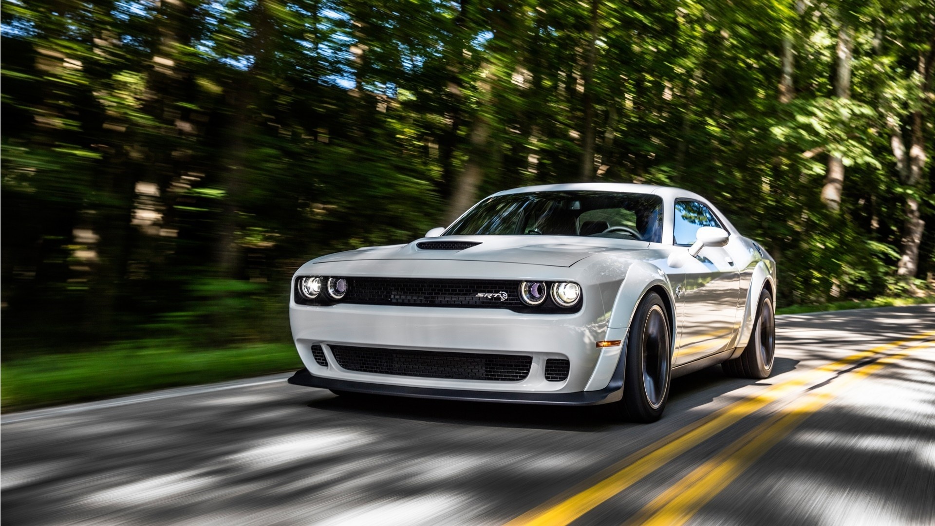 Dodge Challenger SRT Hellcat, winding forest road, motion blur effect, Full HD Desktop wallpaper