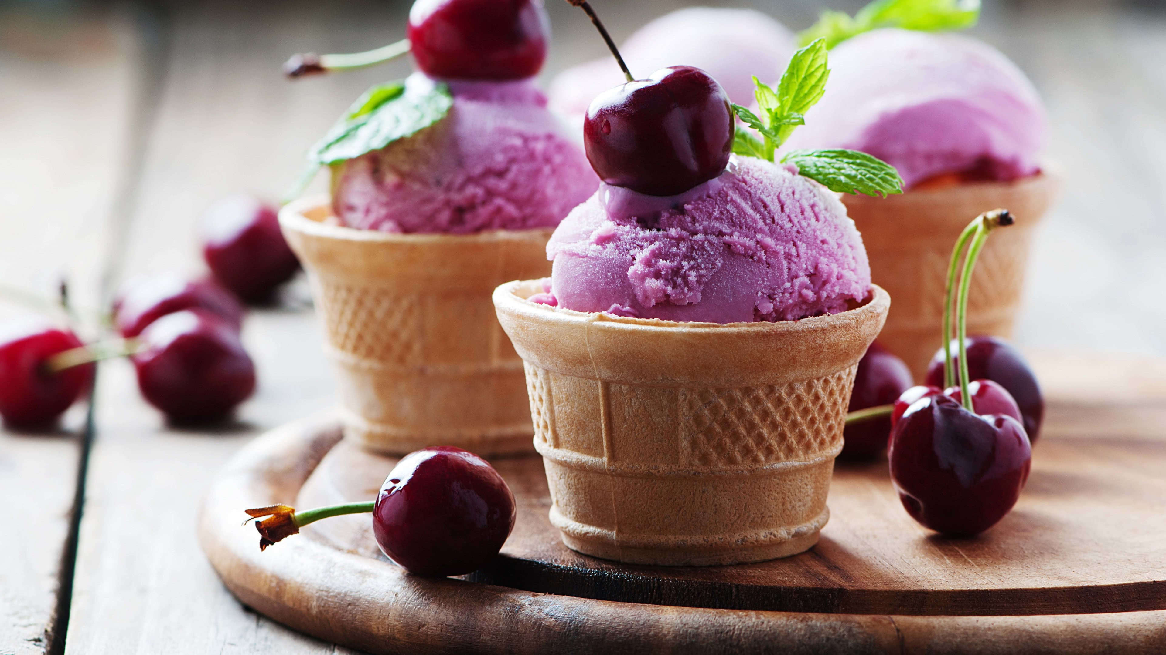 Luscious ice cream cones, Juicy cherries, Delectable treat, Creamy frozen delight, 3840x2160 4K Desktop