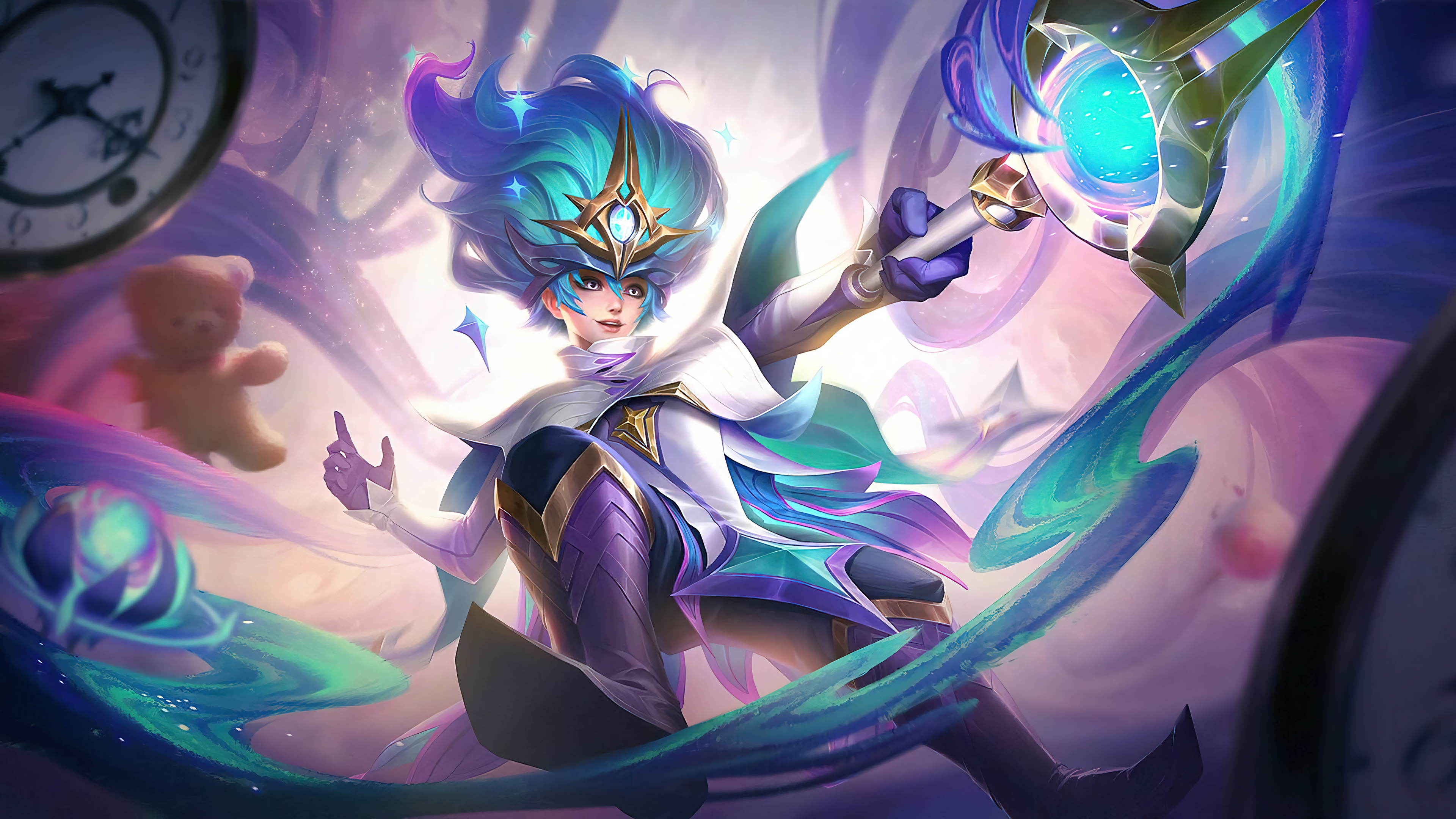 Harley Mobile Legends, glowing magical staff, floating pocket clocks, 4K Desktop wallpaper