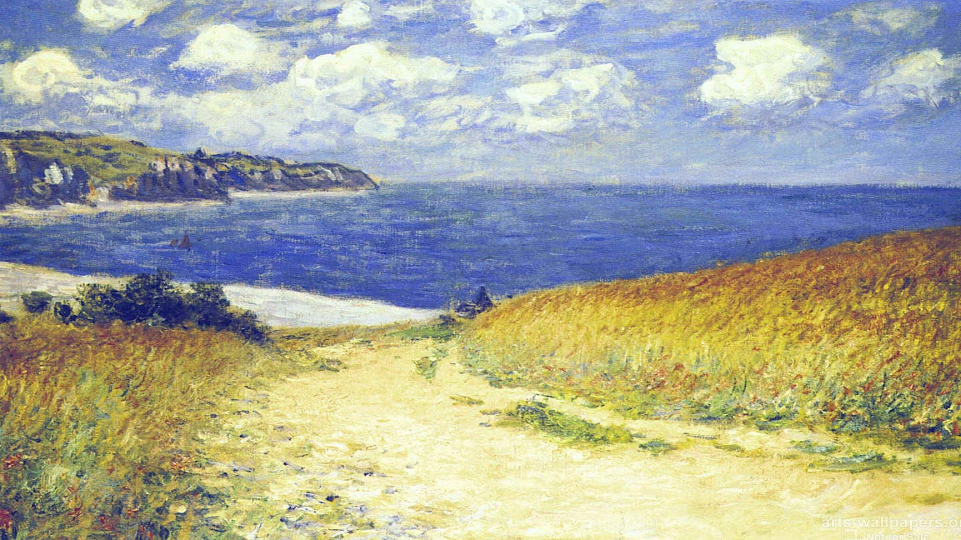 Path through the Wheat at Pourville, Pourville-sur-Mer cliffs, sunlit coastal path, Full HD Desktop wallpaper