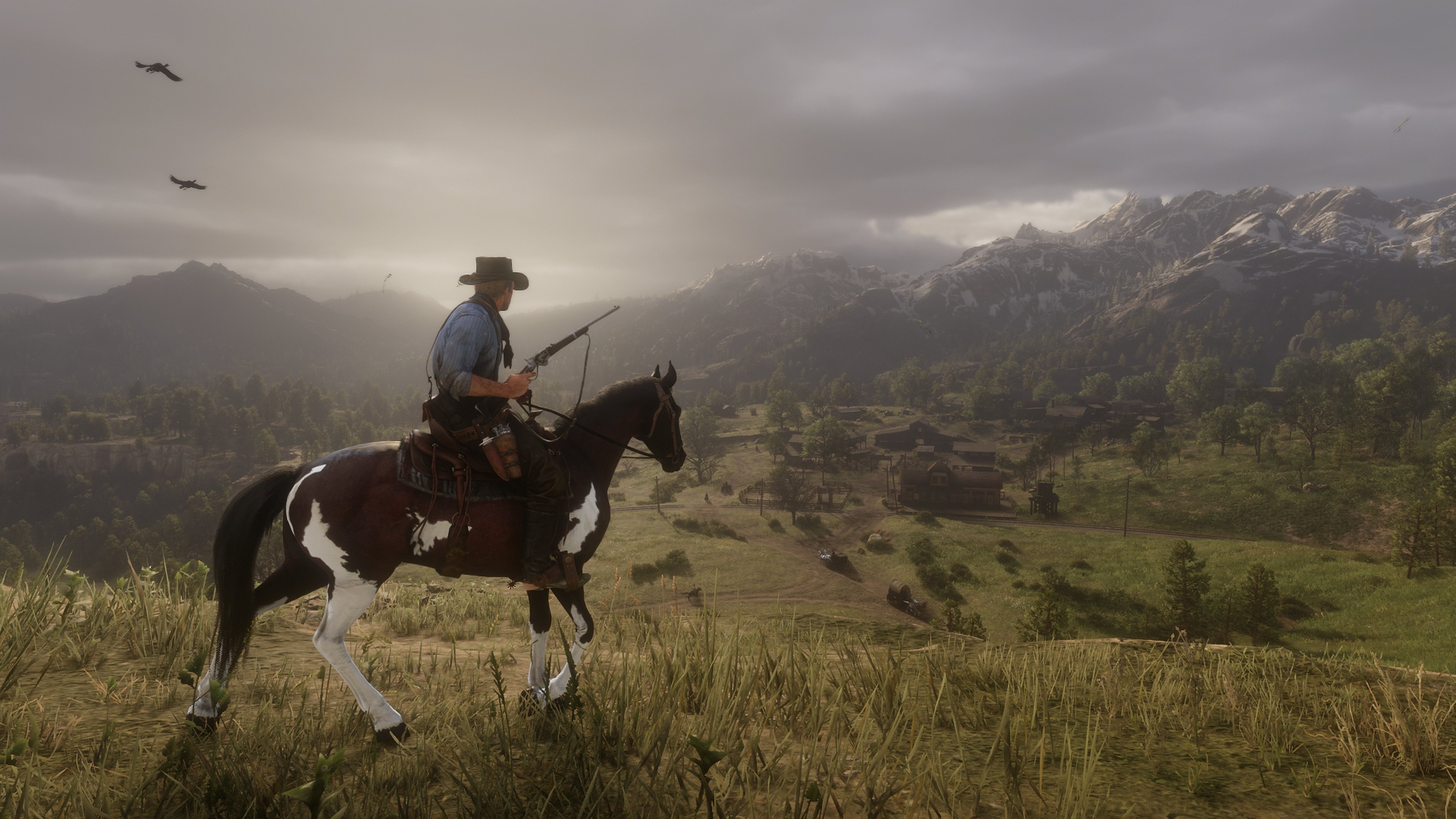 Arthur Morgan, town of Valentine, piebald American Paint horse, 4K Desktop wallpaper
