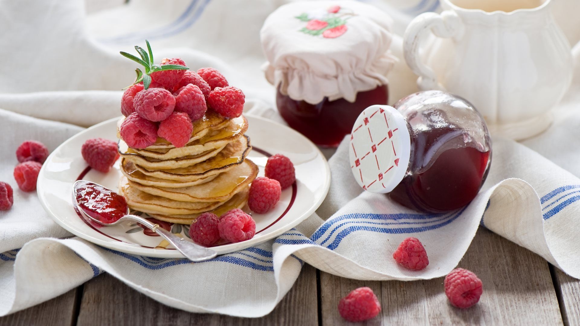 Raspberry pancakes, Sweet breakfast, Irresistible treat, Desirable dish, 1920x1080 Full HD Desktop