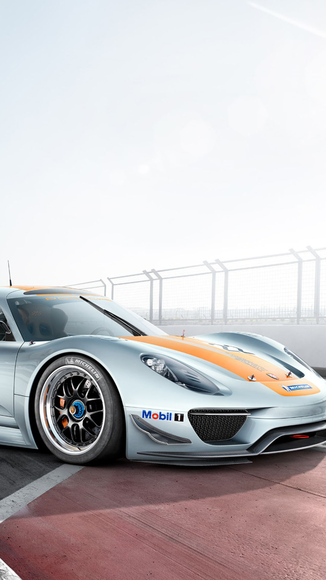 Porsche 918 RSR, Orange racing stripe, Racetrack pit lane, Full HD Phone wallpaper