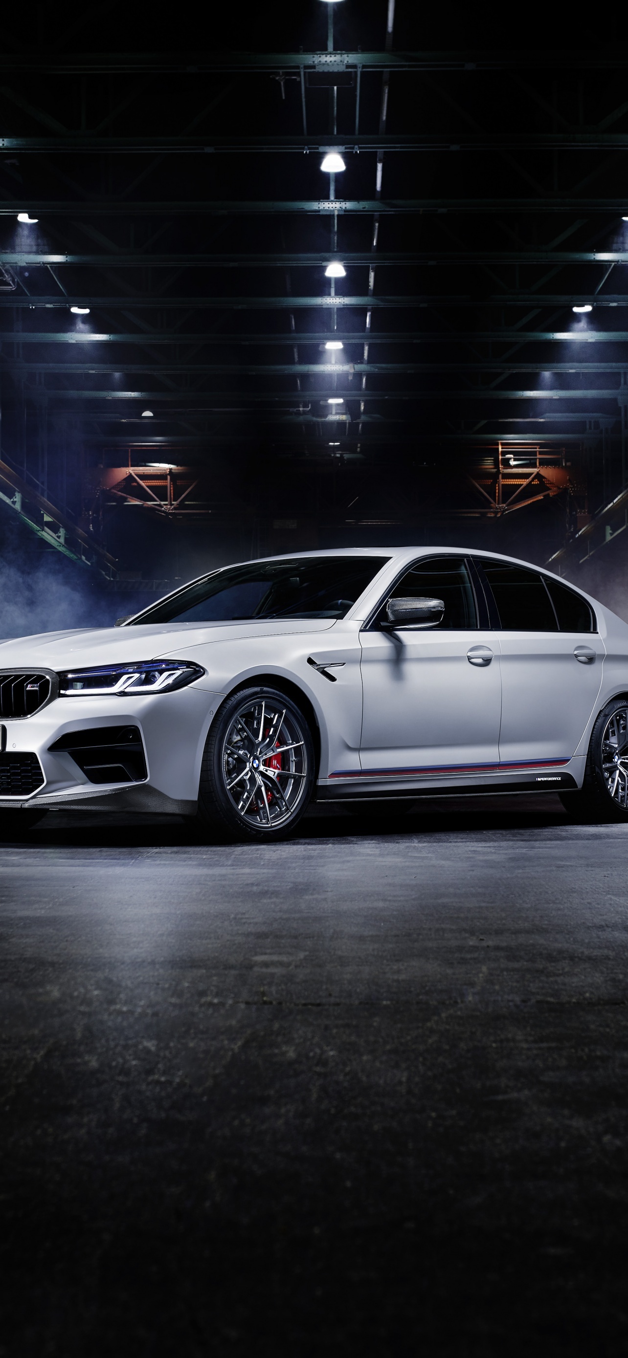 BMW M5 F90, BMW M Performance side stripe, Dark industrial warehouse, HD Phone wallpaper