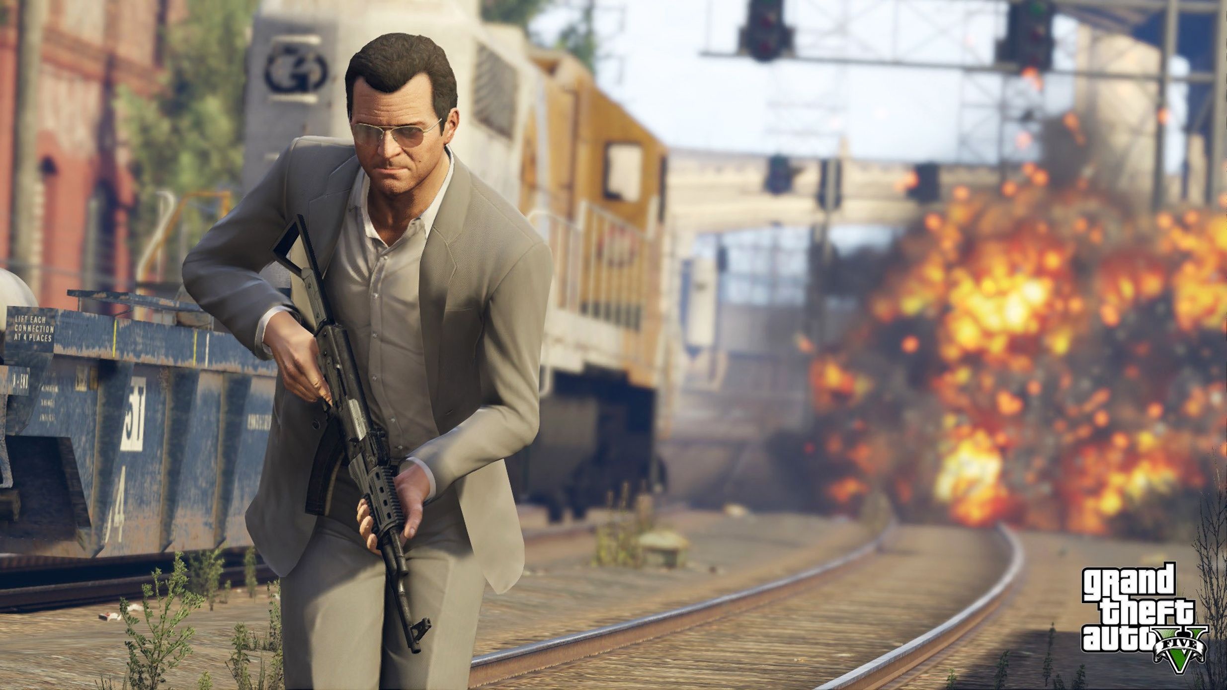 Michael De Santa in tan suit, Assault rifle in hand, Freight train and explosion, Grand Theft Auto V logo, HD Desktop wallpaper