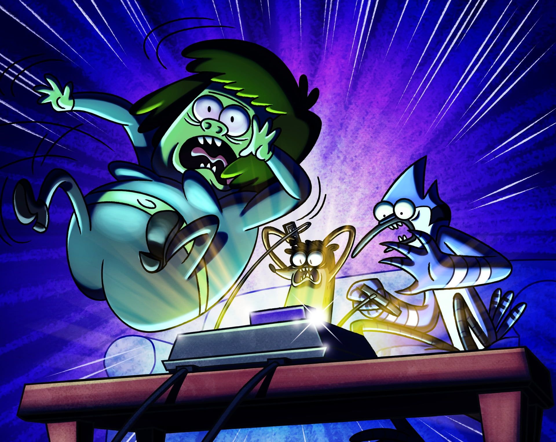 Muscle Man screaming, Rigby at glowing console, Mordecai in blue stage light, Regular Show, HD Desktop wallpaper