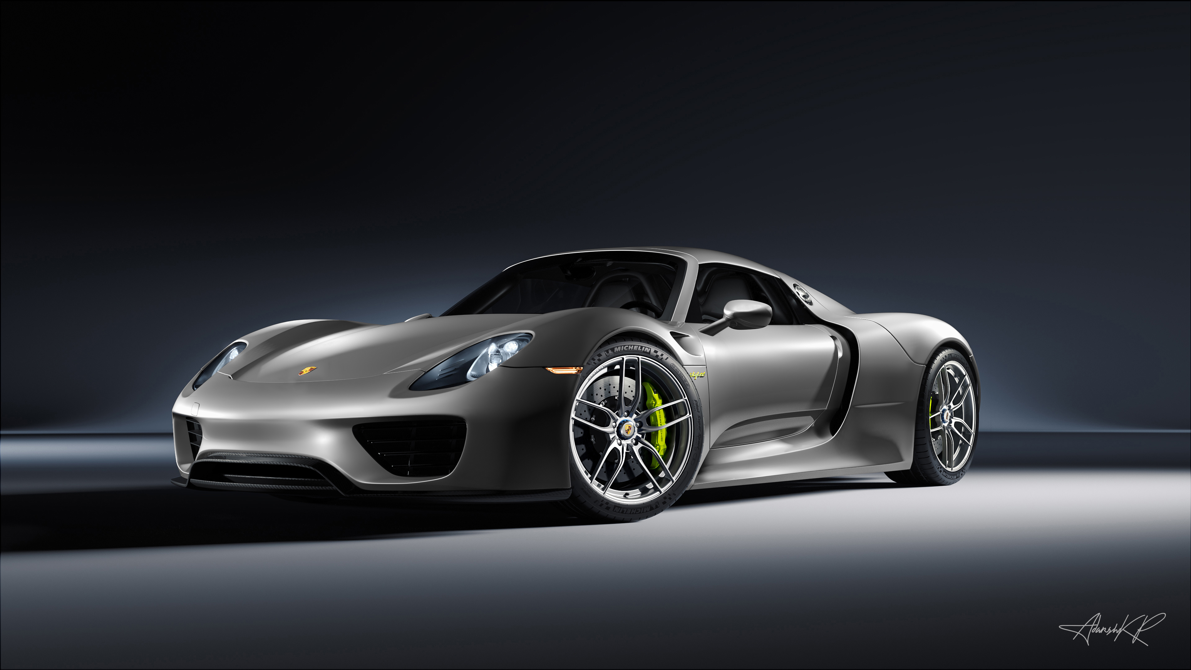 Porsche 918 Spyder, Acid green brake calipers, Dark studio lighting, 4K Desktop wallpaper