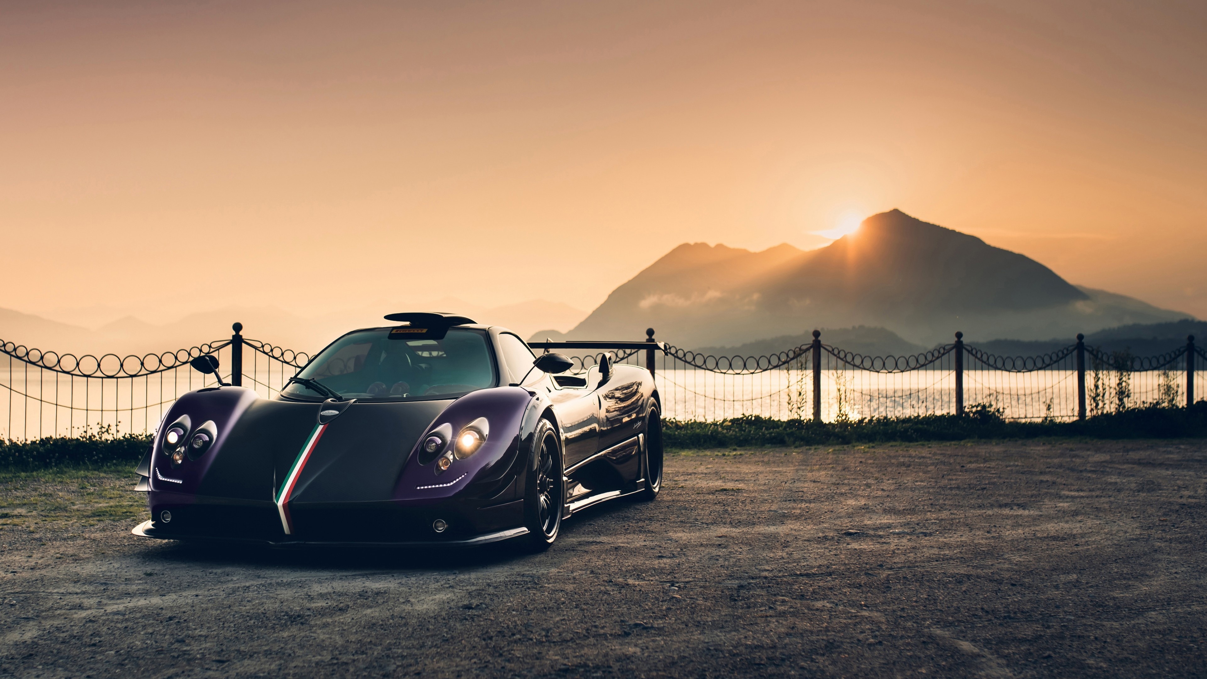 Pagani Zonda 760 LH, mountain lake sunset, decorative iron fence, 4K Desktop wallpaper
