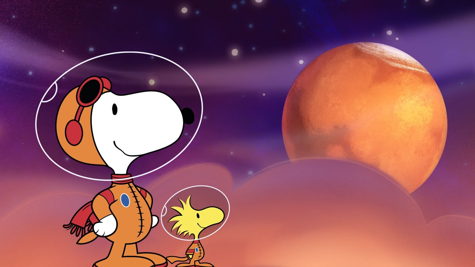 Astronaut Snoopy, Astronaut Woodstock, Orange Mars planet, Full HD Desktop wallpaper