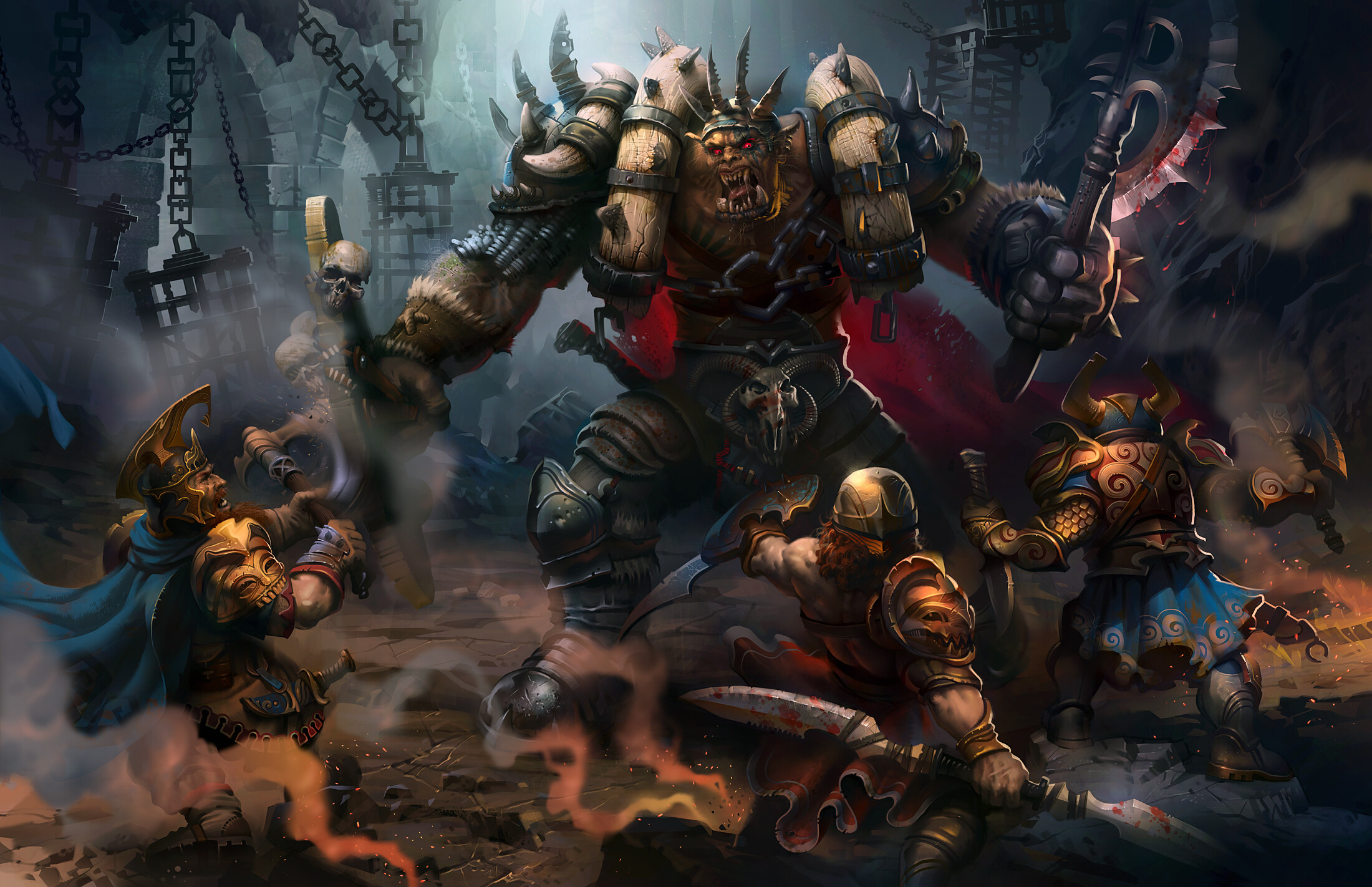 Dwarf, Orc and dwarf, Battle monsters, Axes, 2200x1430 HD Desktop