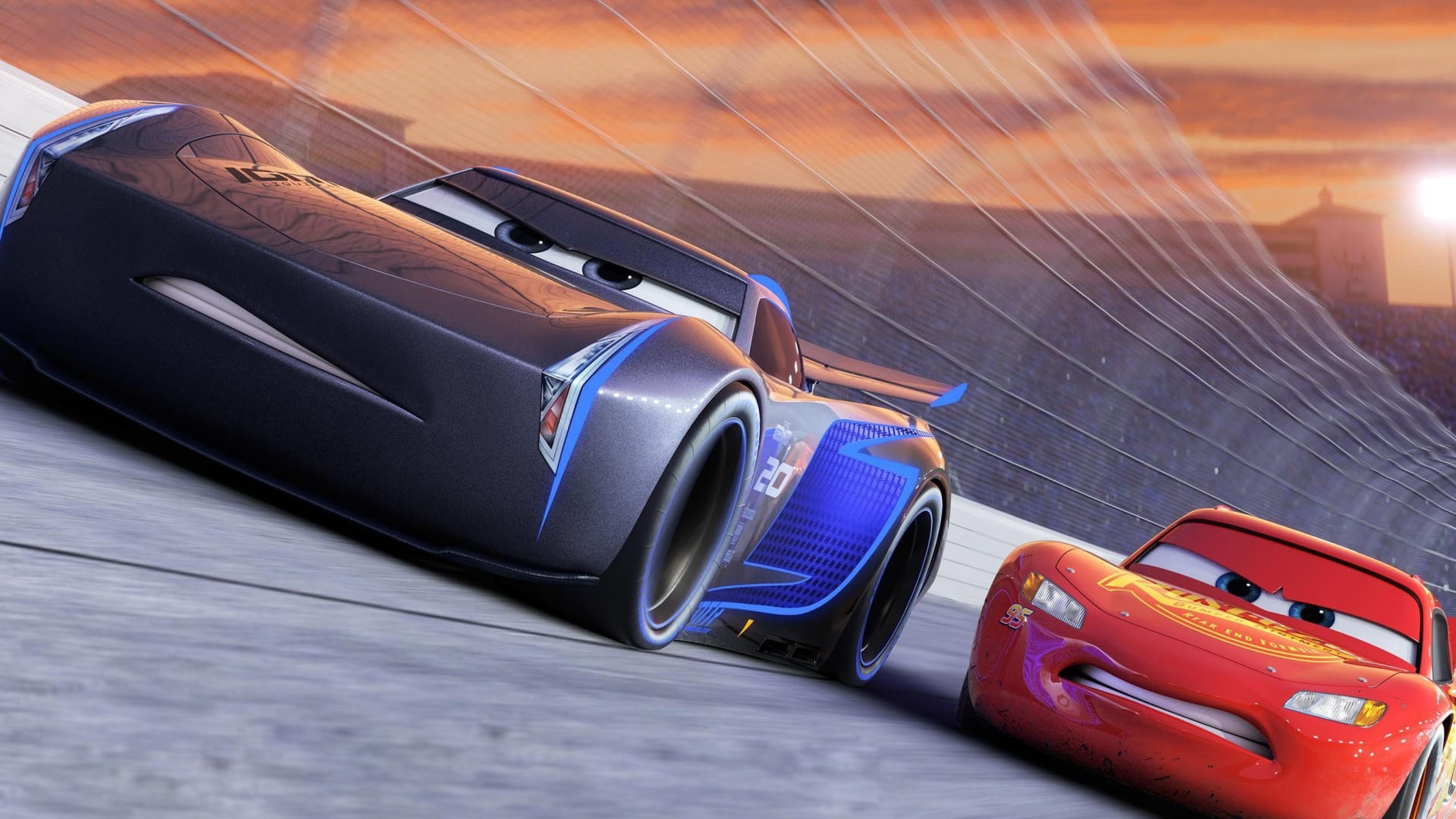 Lightning McQueen, Jackson Storm, Cars 3, Daytona race, 3840x2160 4K Desktop