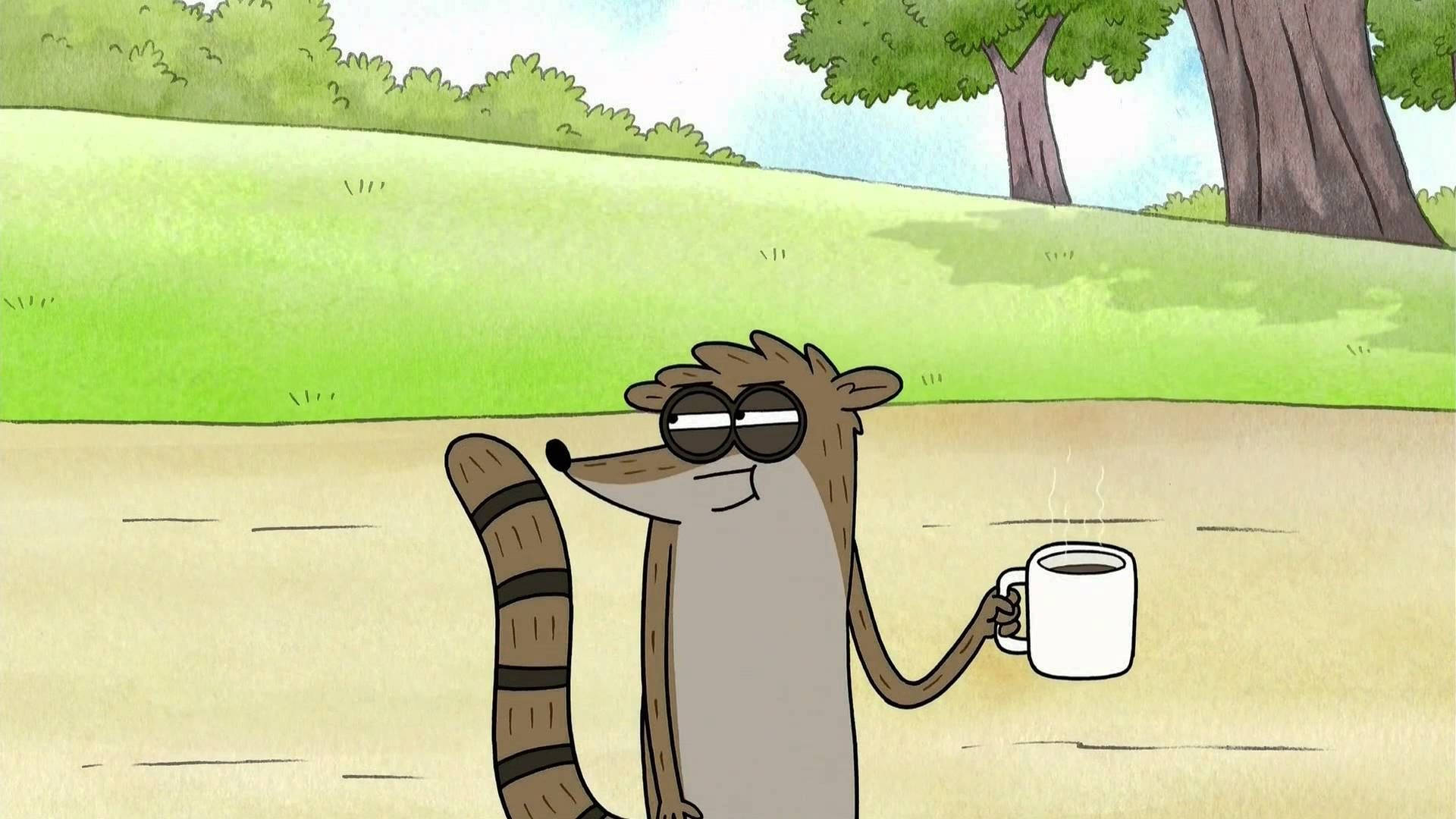 Rigby in dark sunglasses, Steaming white coffee mug, Park lawn and path, Regular Show, Full HD Desktop wallpaper
