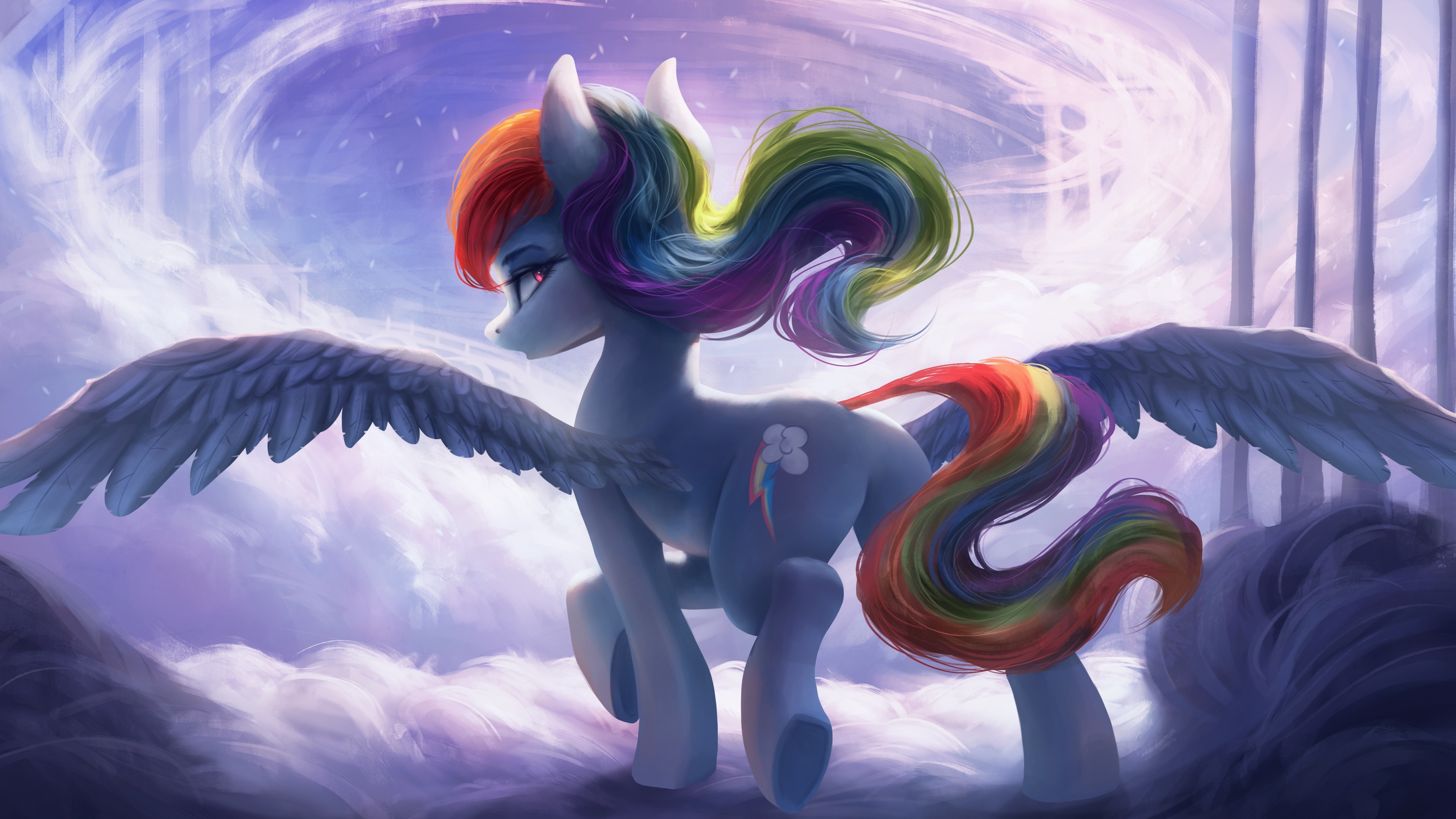 Rainbow Dash, Rainbow mane pegasus, Pastel cloudscape, 4K Desktop wallpaper