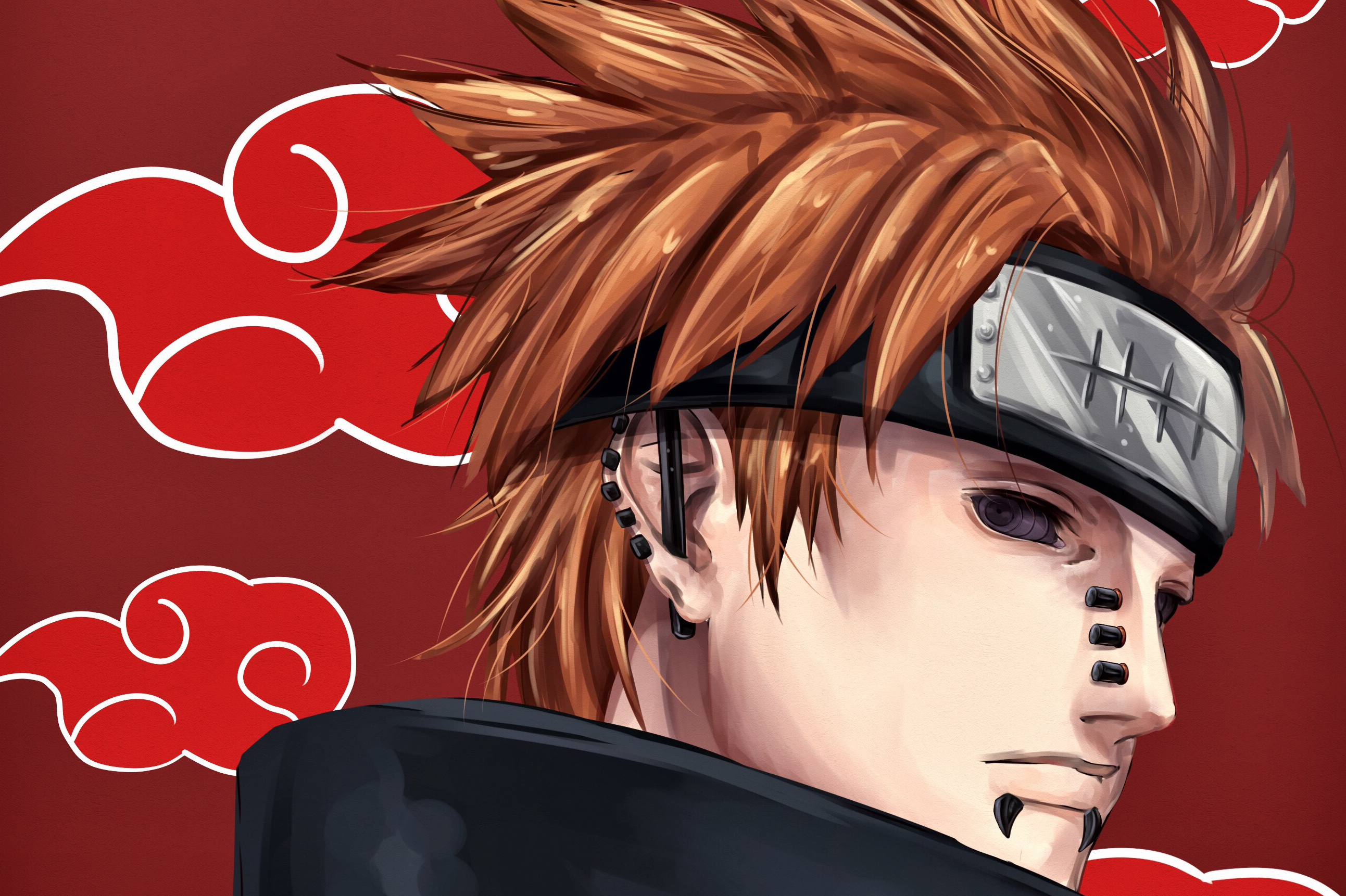 Deva Path Pain, Akatsuki red cloud pattern, Amegakure rogue headband, HD Desktop wallpaper